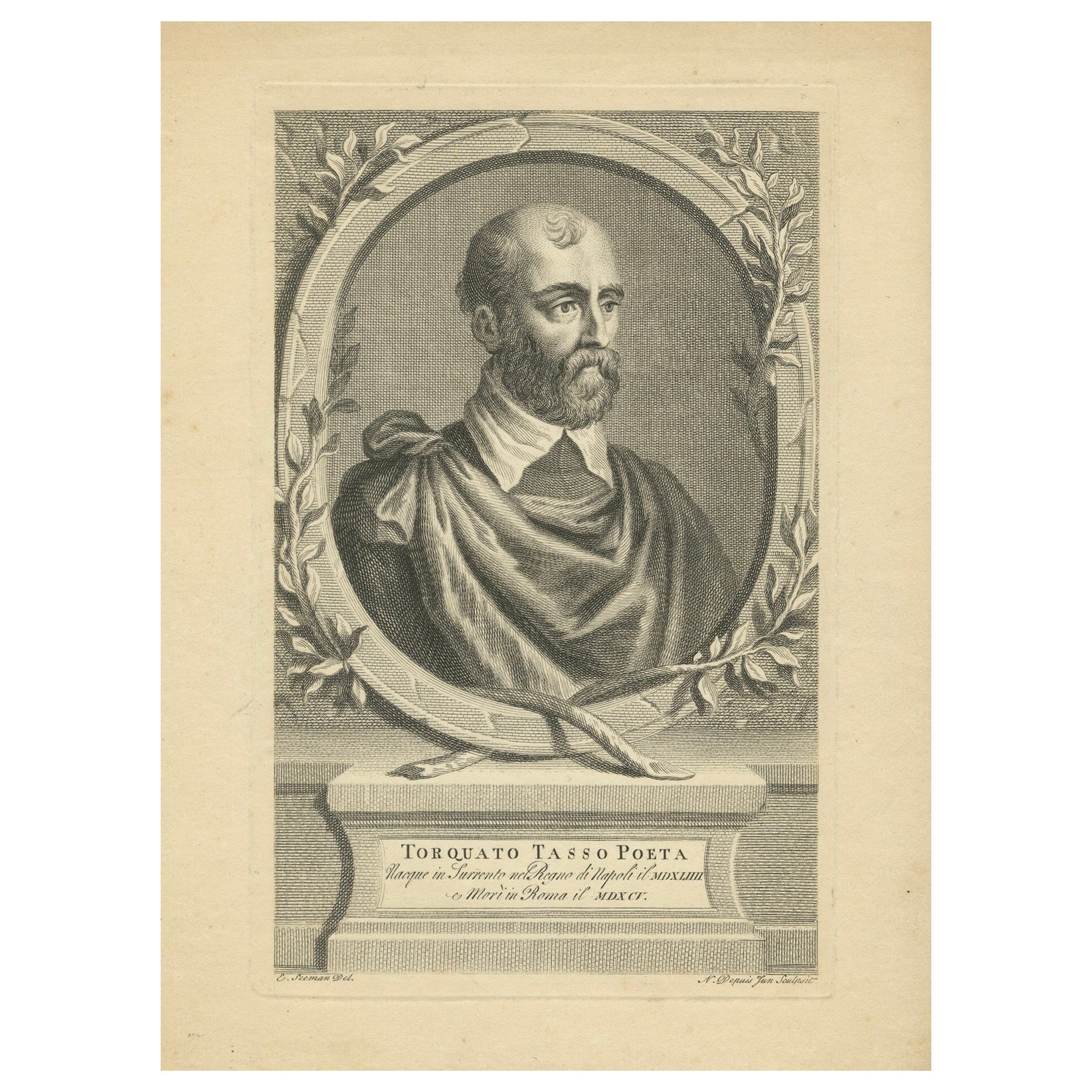 Gravure de Torquato Tasso, grand poète italien du 16e siècle, 1724