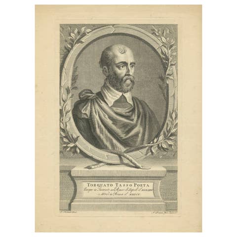 Engraving of Torquato Tasso, Prominent Italian Poet of the 16th century, 1724