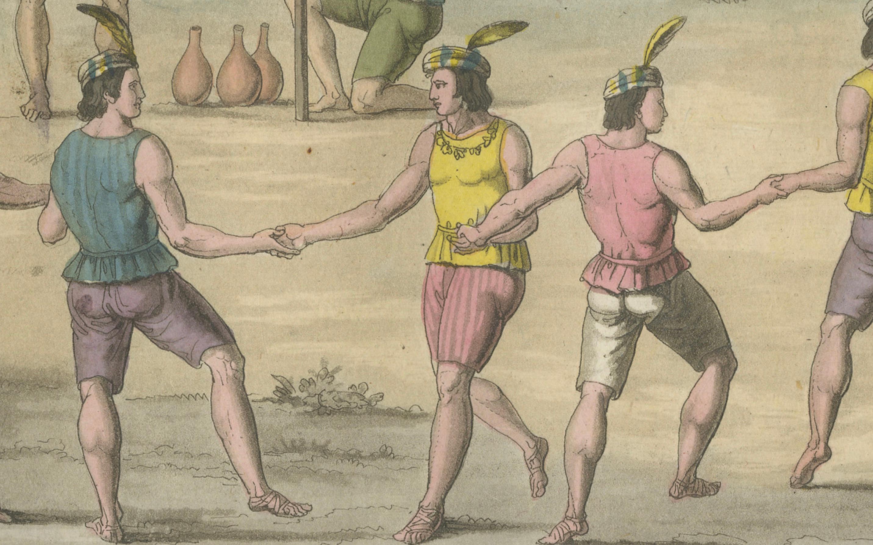 Engraving of Traditional Chilean Circle Dance: A Festive Gathering in 1827 Chile In Good Condition For Sale In Langweer, NL