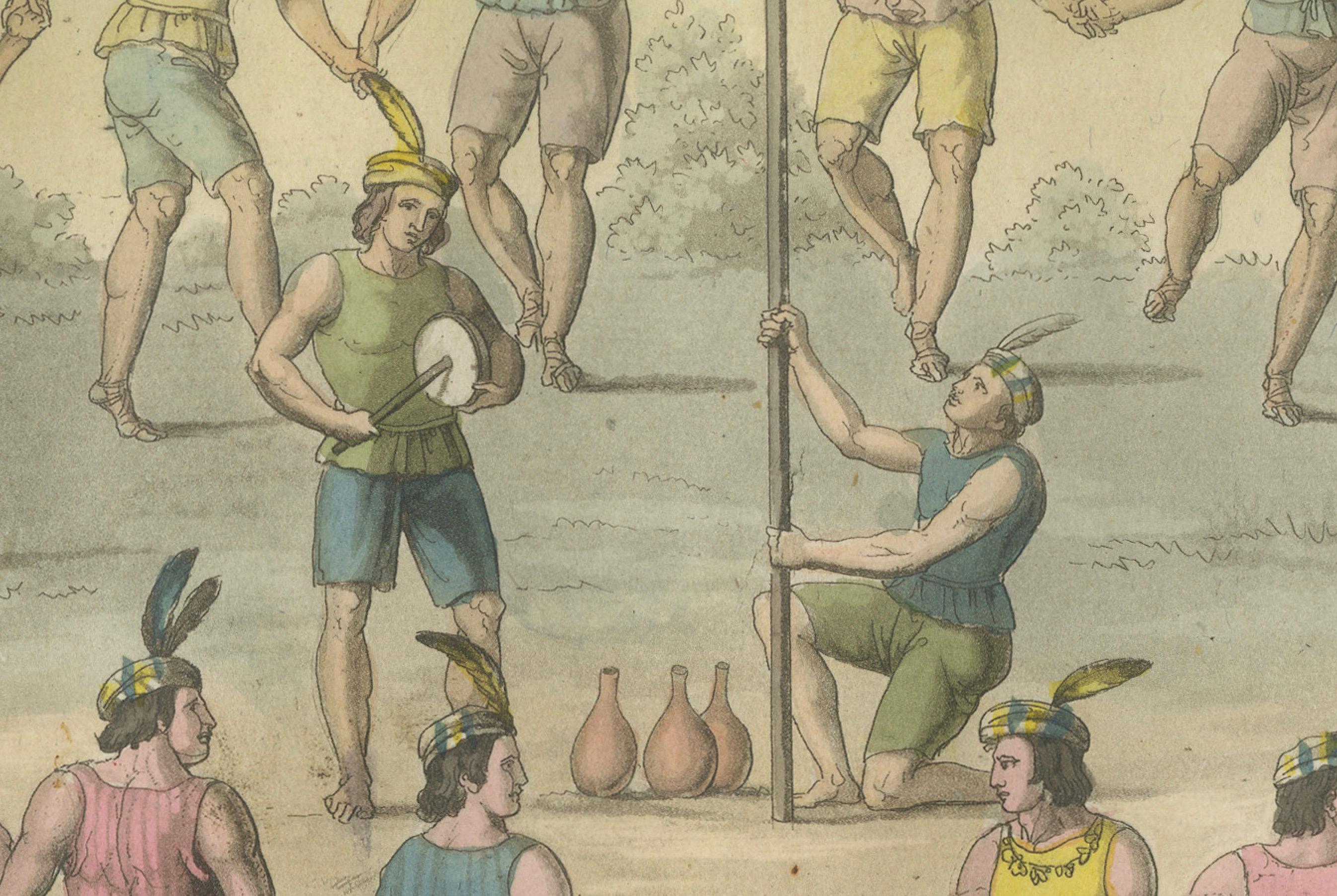Paper Engraving of Traditional Chilean Circle Dance: A Festive Gathering in 1827 Chile For Sale