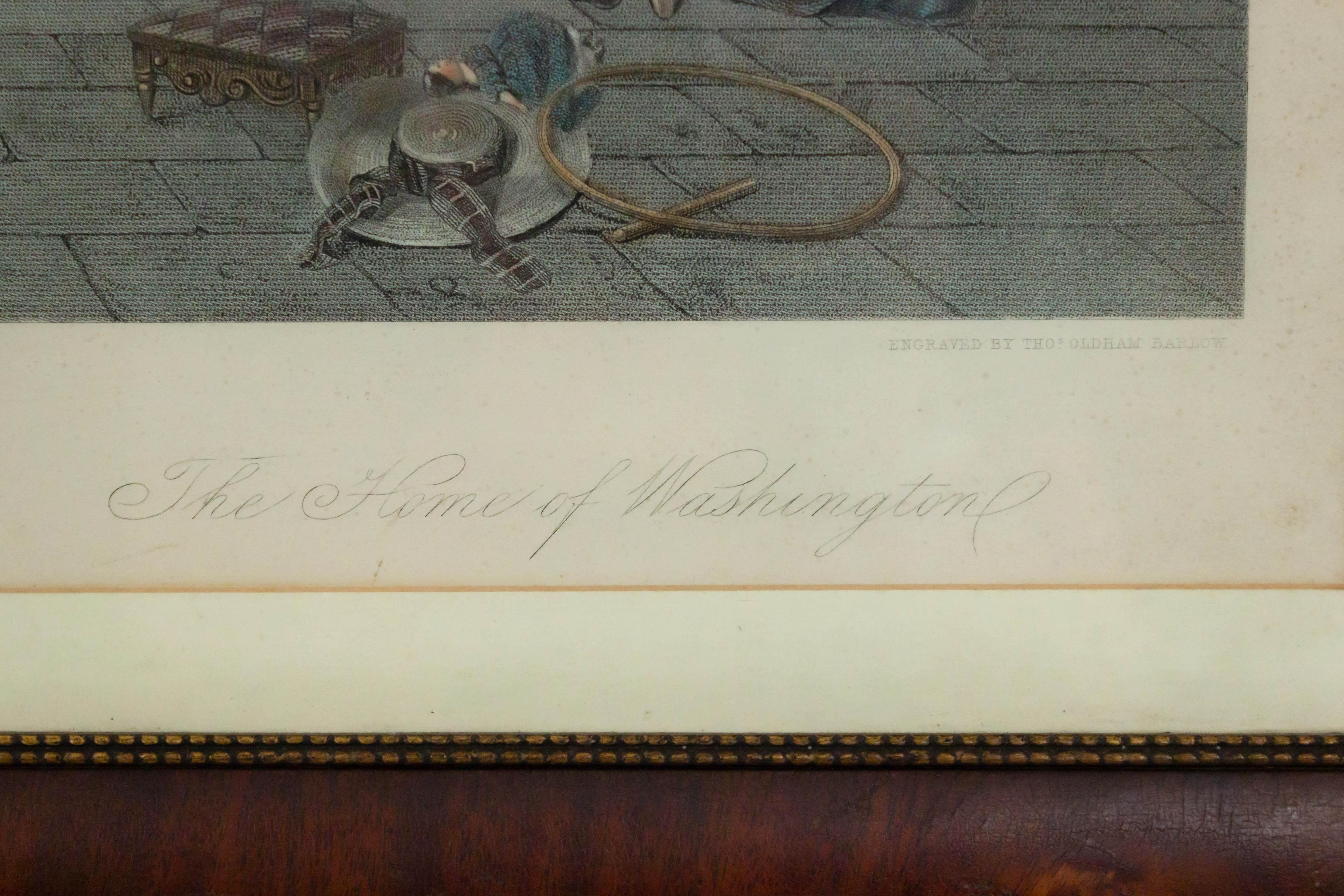 Grabado en color de la casa de George Washington. Escena pastoral de la familia Washington sentada en el porche al aire libre. Firmado en el lado derecho: 