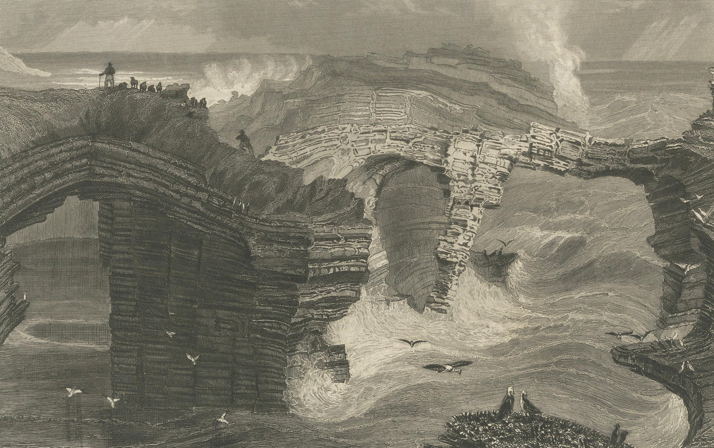 Engraving of Waterford City and Natural Bridge near Kilkee, 19th Century

This 19th-century engraving presents two striking scenes from Ireland:

1. Waterford City: The upper illustration depicts a bustling view of Waterford, showcasing the city’s