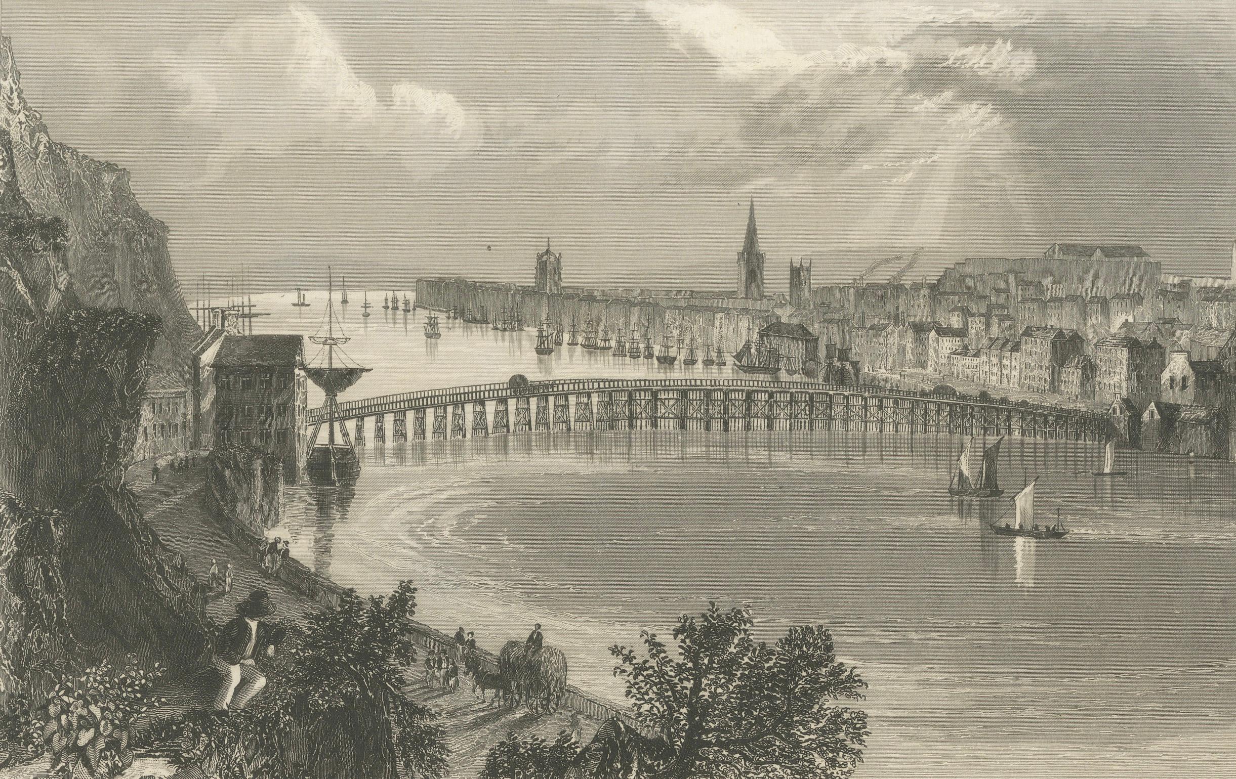 Engraving of Waterford City and Natural Bridge near Kilkee, Ireland, 1851 In Good Condition For Sale In Langweer, NL