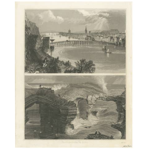 Engraving of Waterford City and Natural Bridge near Kilkee, Ireland, 1851