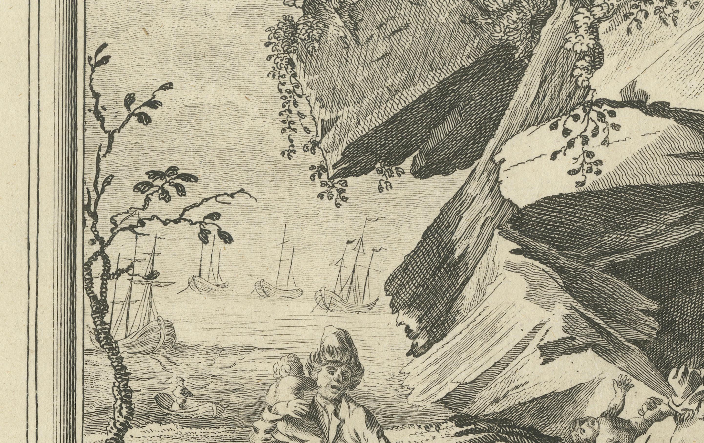 Gravé Gravure de femmes ressacrant à une capture par des pirates néerlandais, Strait of Magellan, 1768 en vente