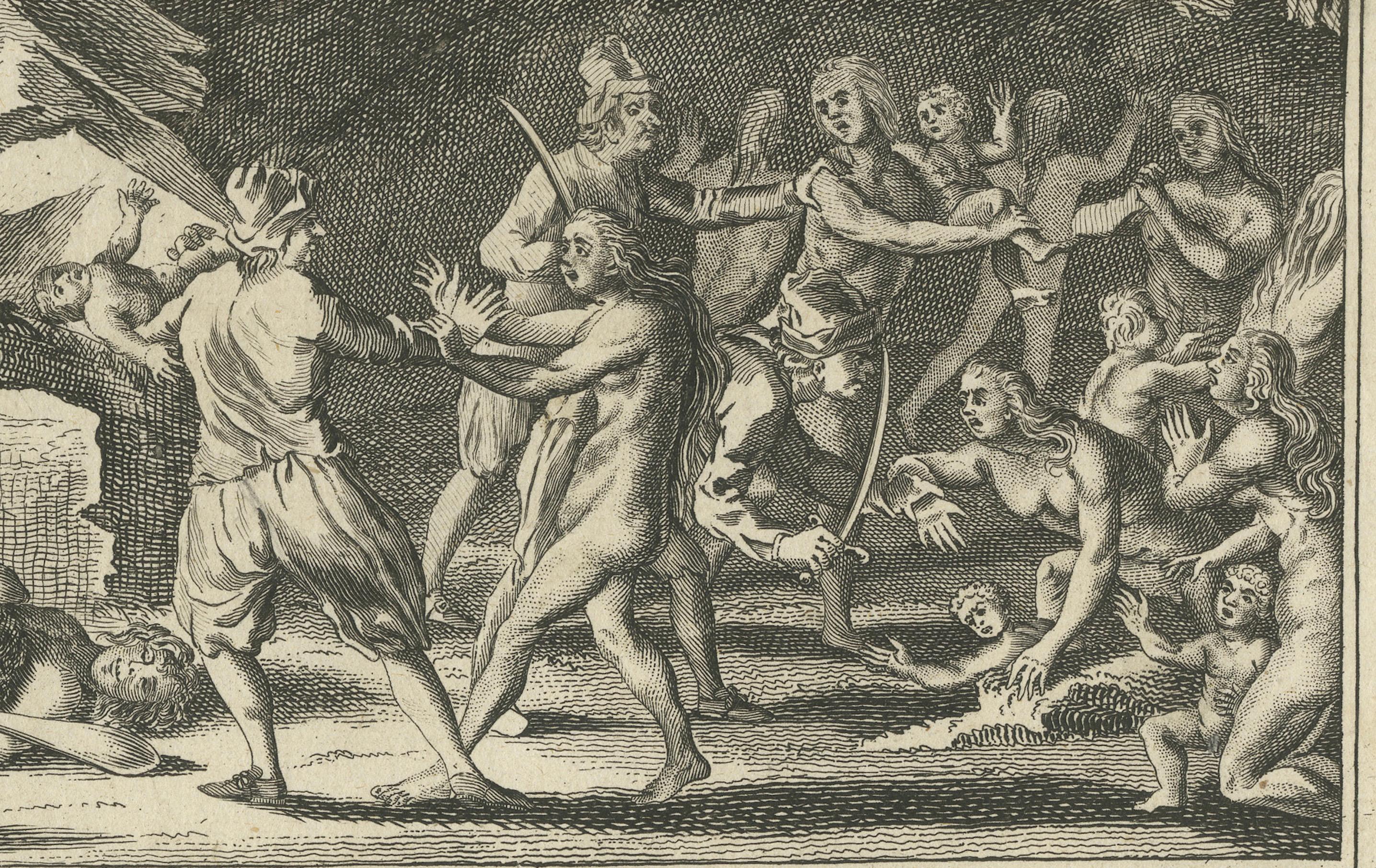 Milieu du XVIIIe siècle Gravure de femmes ressacrant à une capture par des pirates néerlandais, Strait of Magellan, 1768 en vente