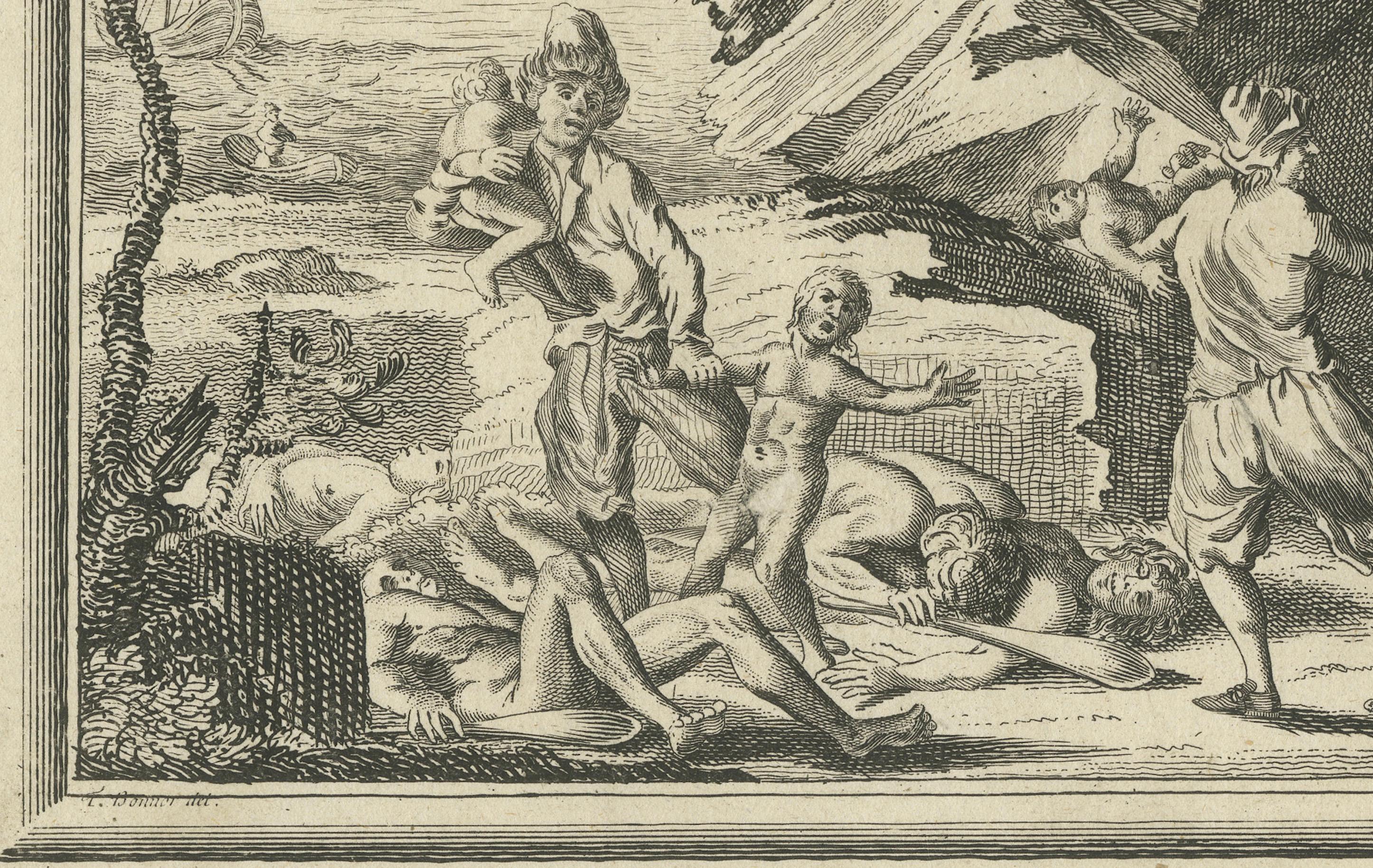 Papier Gravure de femmes ressacrant à une capture par des pirates néerlandais, Strait of Magellan, 1768 en vente