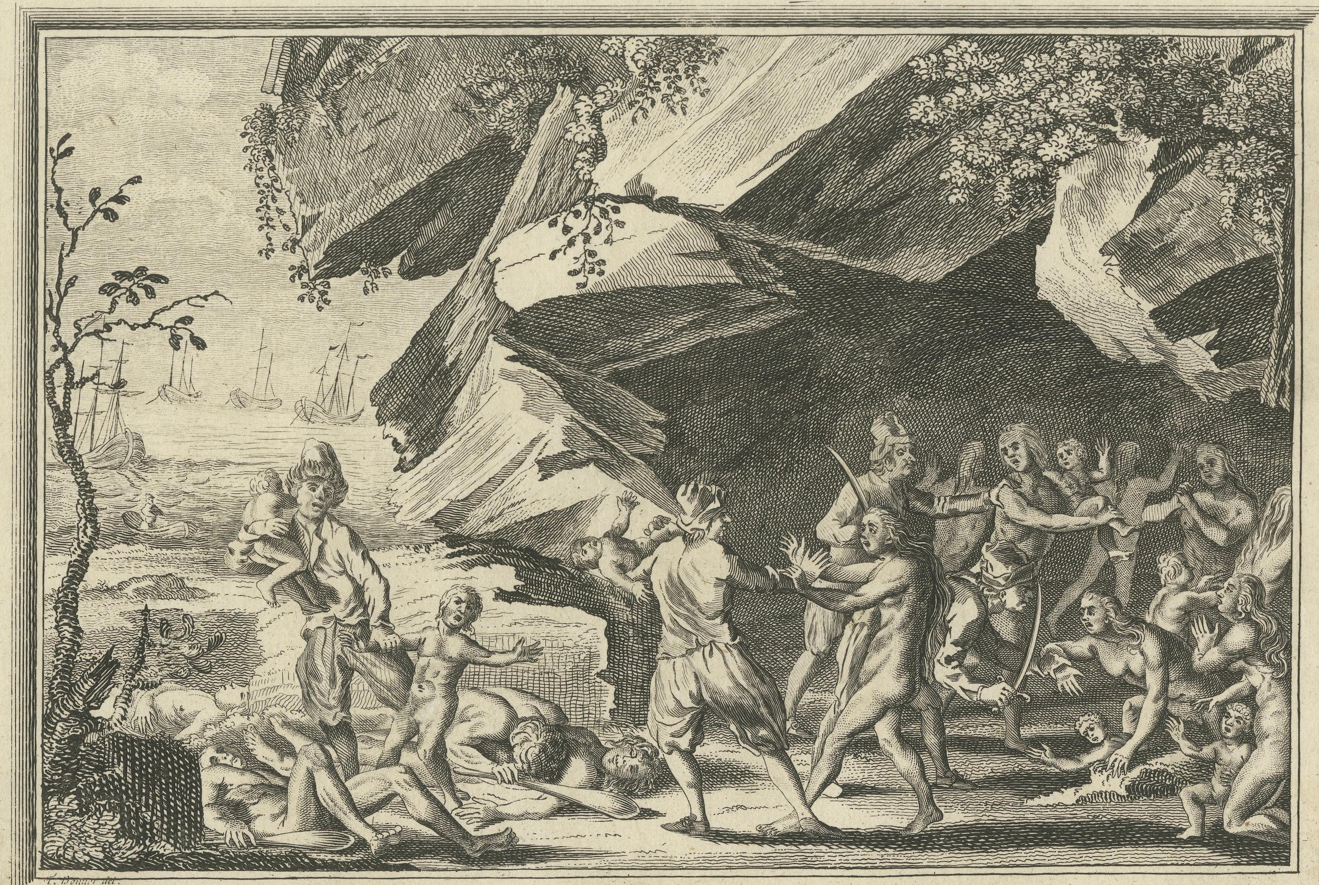 Gravure de femmes ressacrant à une capture par des pirates néerlandais, Strait of Magellan, 1768 en vente 1