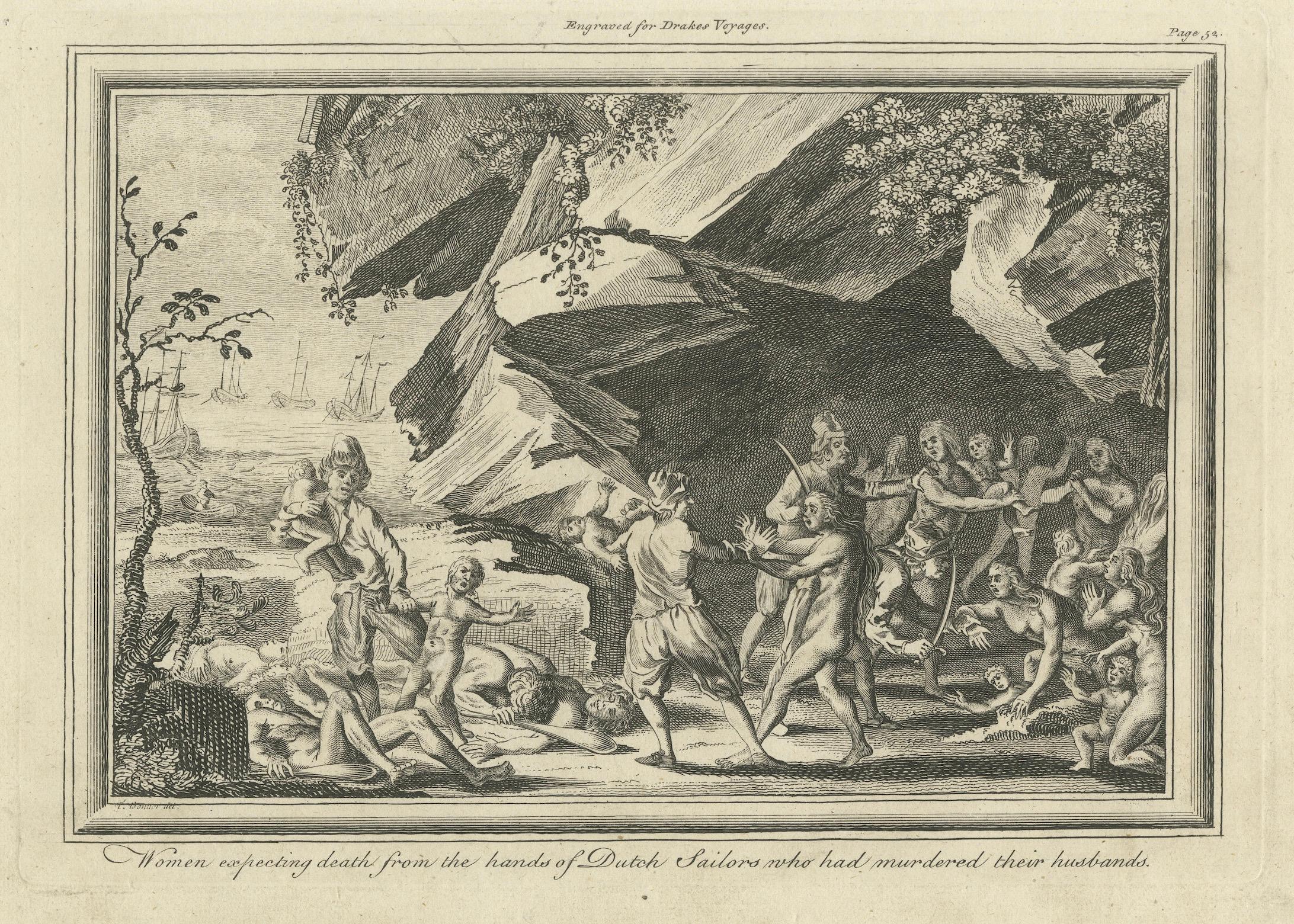 Gravure de femmes ressacrant à une capture par des pirates néerlandais, Strait of Magellan, 1768 en vente 2