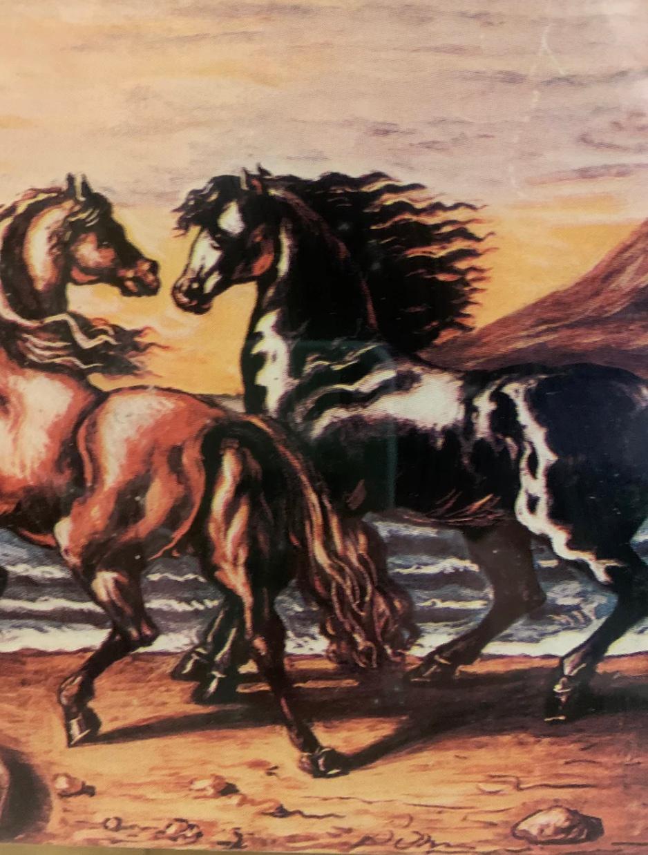 Gravur auf versilbertem Blatt von Giorgio De Chirico aus den 1970er Jahren mit der Darstellung von Pferden. 

Ø cm 55 h cm 48 (einschließlich Rahmen)