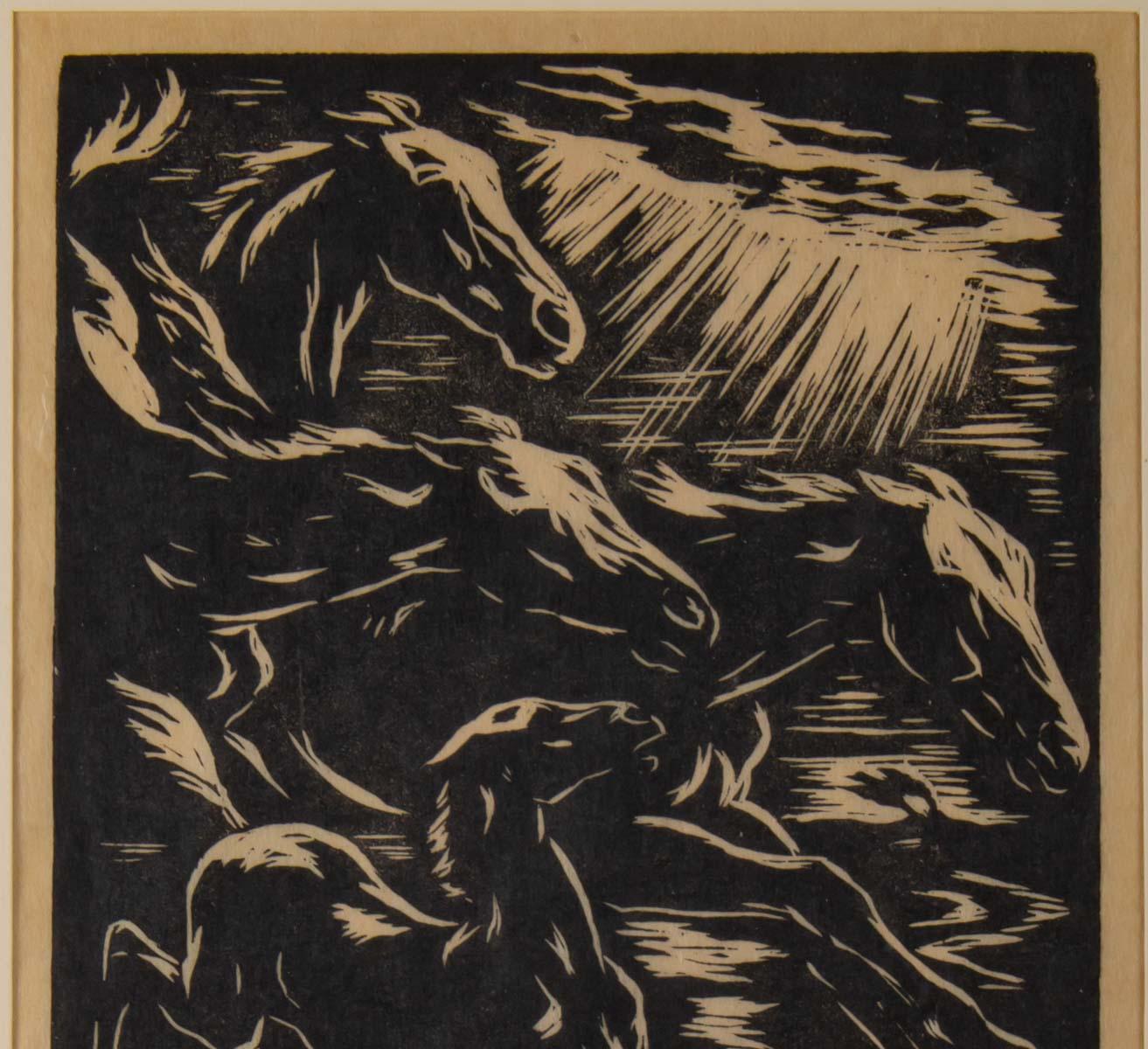 Gravur, signiert, 1928, repräsentative stilisierte Pferde im Lauf, gerahmt
Maße: Rahmen H 46cm, B 34cm, B 1cm
Gravur H 22cm, B 16cm.