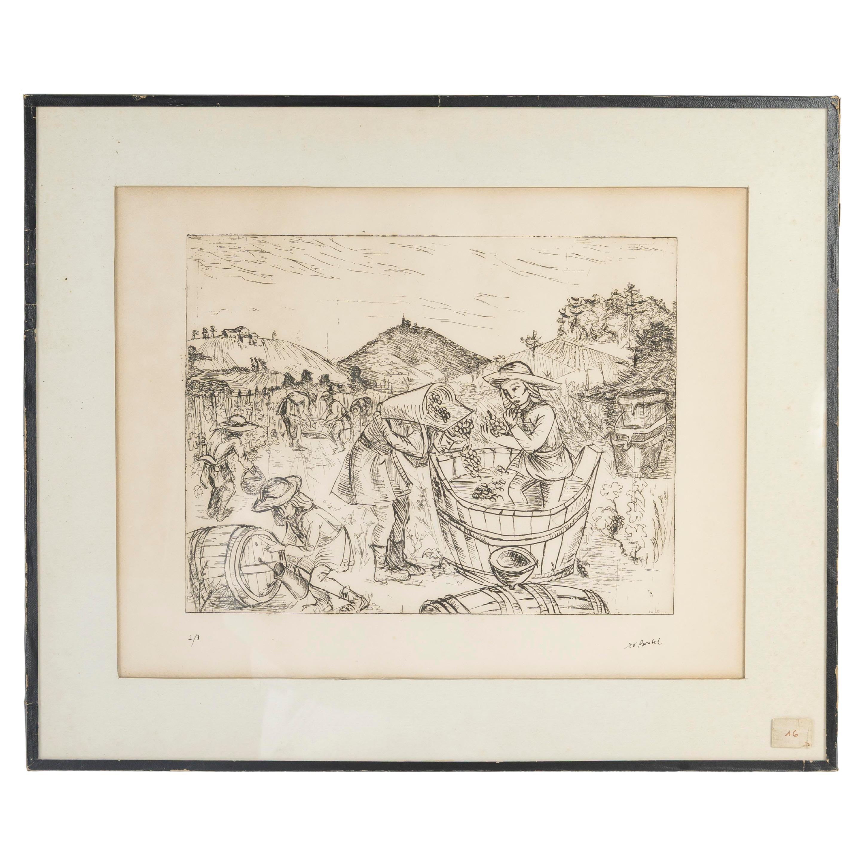 Engraving under Glass, 2/3, Signed Ev Bouteil, The Grape Harvest, 20th Century. For Sale