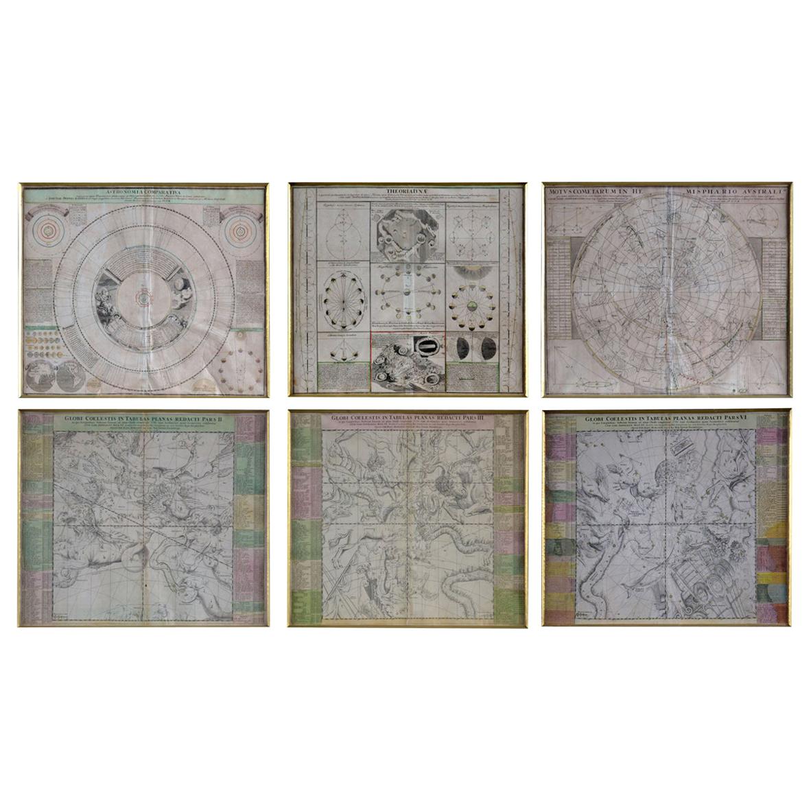 Six 18th Century Celestial Charts Engravings in Brass Frames by Doppelmayr
