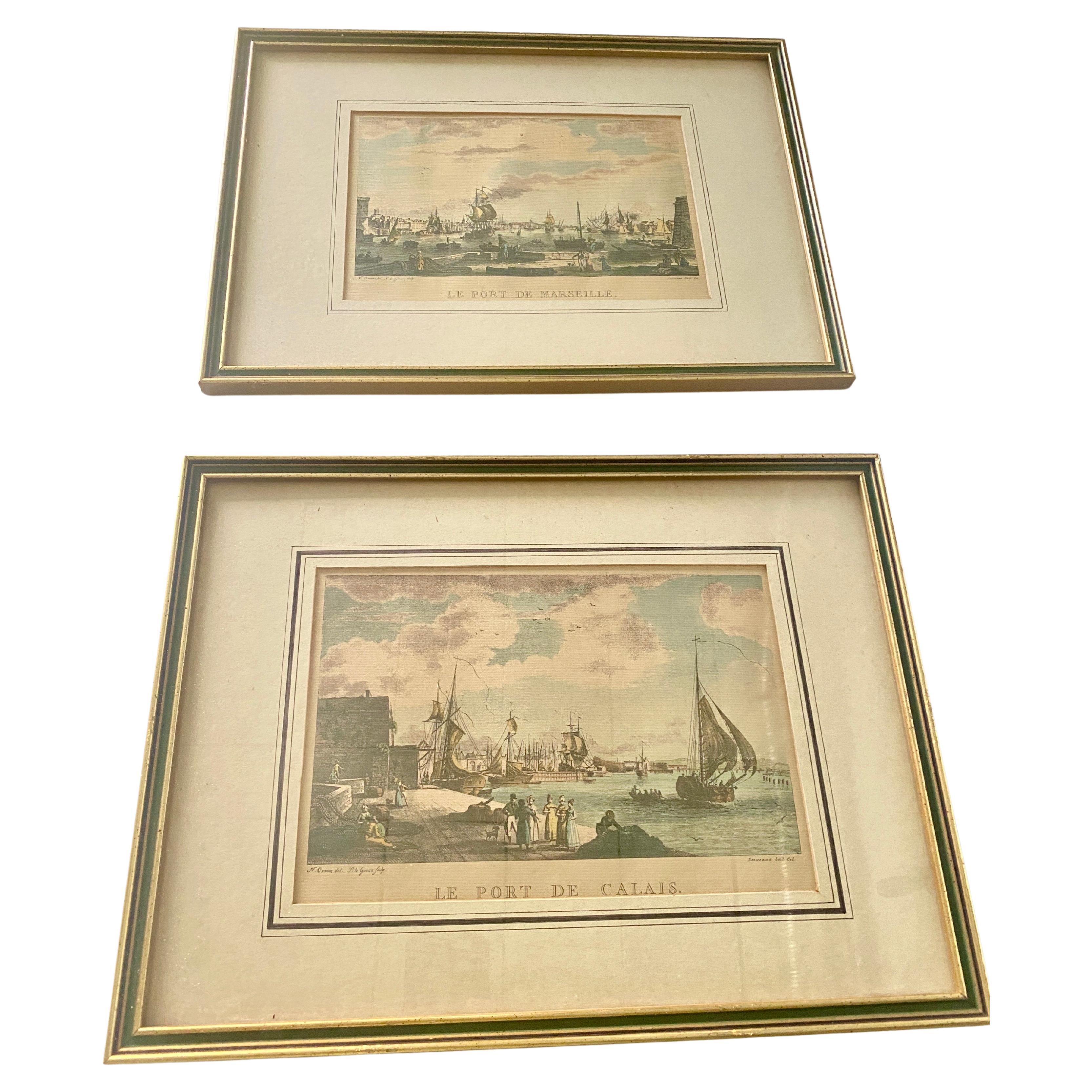 Engravings in Gold Wood Frame, representing French navigation ports, France 19th For Sale