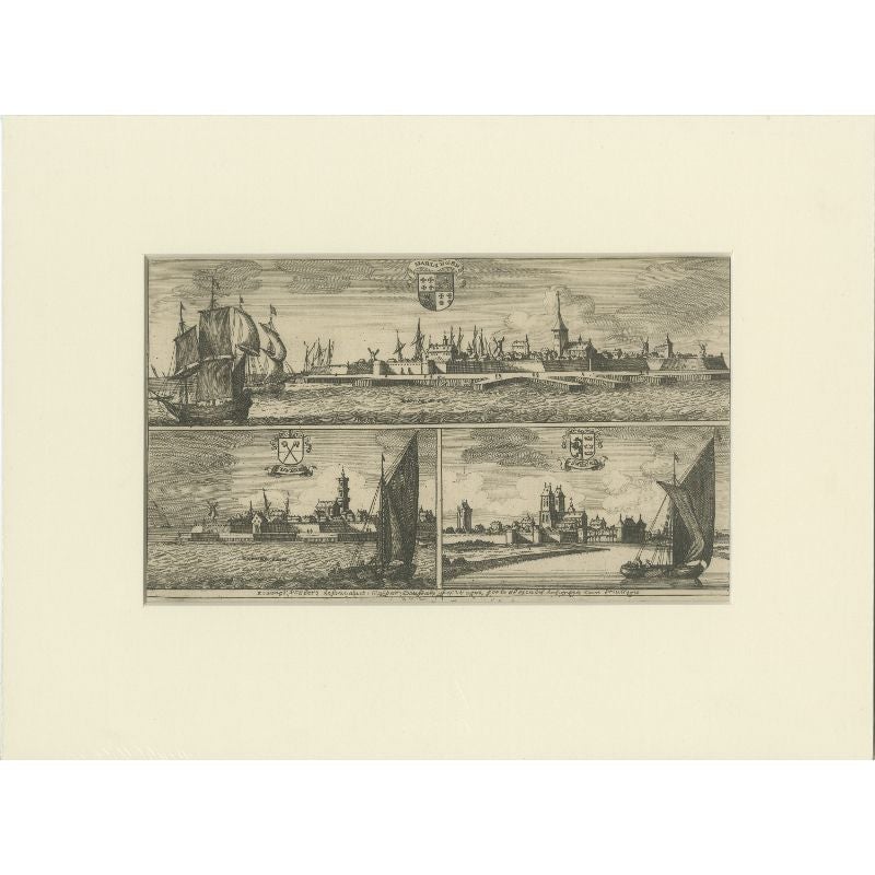 Antiker Druck mit dem Titel 'Harlingen, Staveren, Sneck'. Ansichten der Städte Harlingen, Stavoren und Sneek, Friesland, Niederlande. Dieser Druck stammt aus 