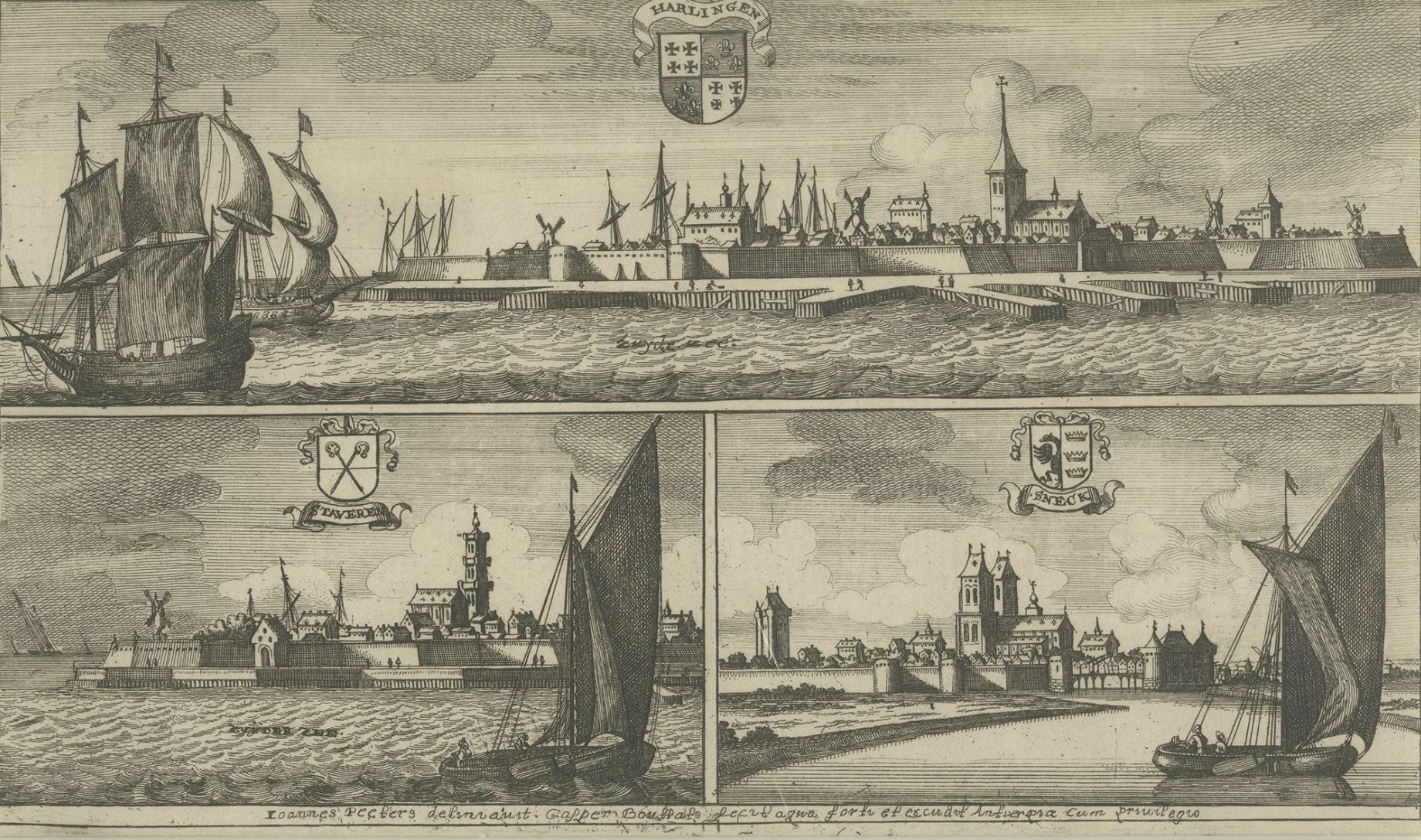 Gravur von Harlingen, Stavoren und Sneek in Friesland, Niederlande, 1680 (Papier) im Angebot