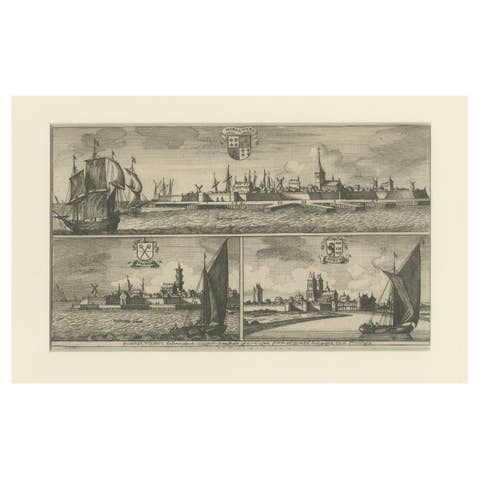 Engravings of Harlingen, Stavoren and Sneek in Friesland, the Netherlands, 1680