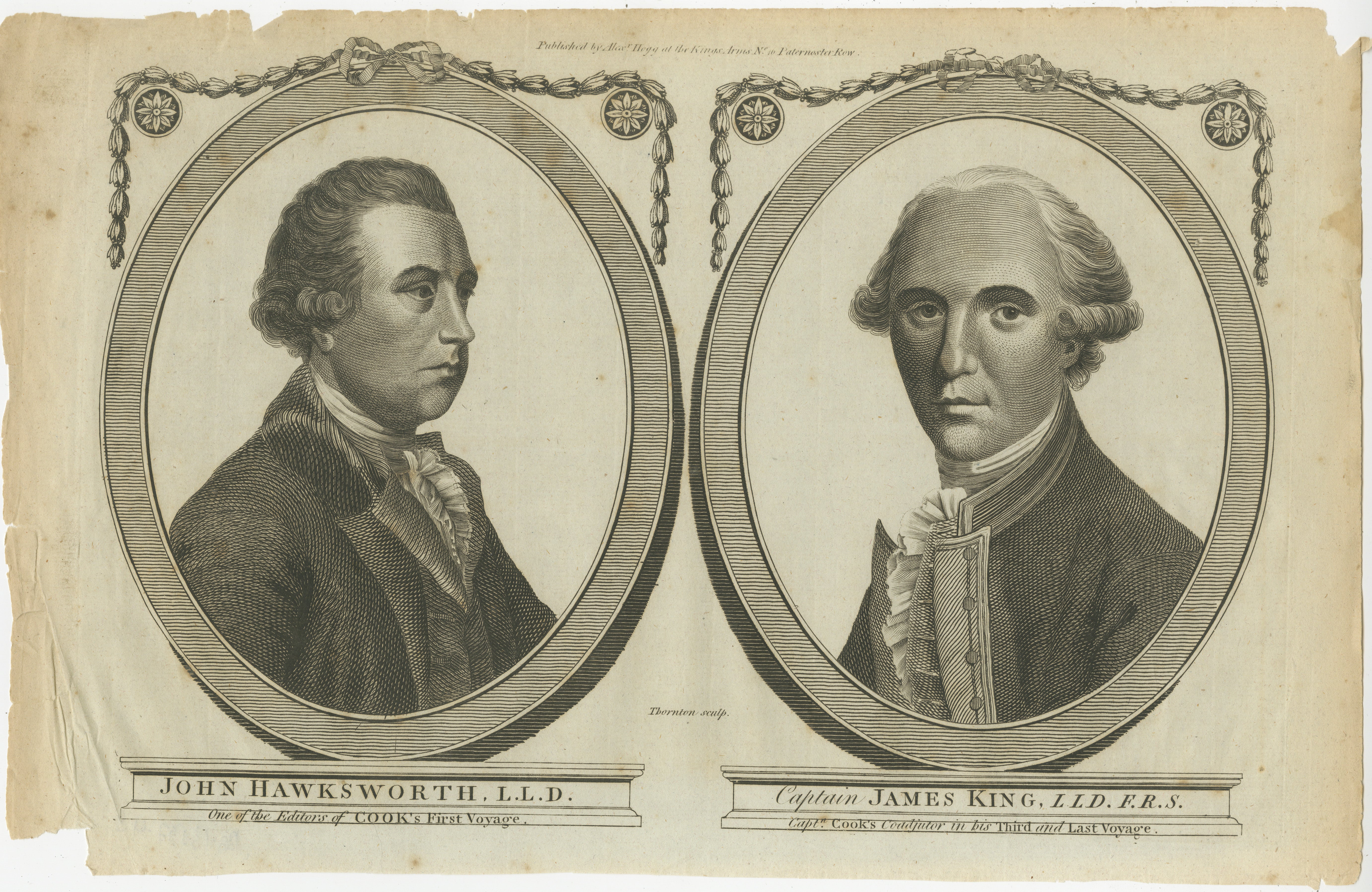 Commemorative Portraits of John Hawkesworth and Captain James King by Thornton

This detailed engraving, crafted by the artist Thornton, presents a pair of oval portraits depicting two influential figures associated with Captain James Cook's