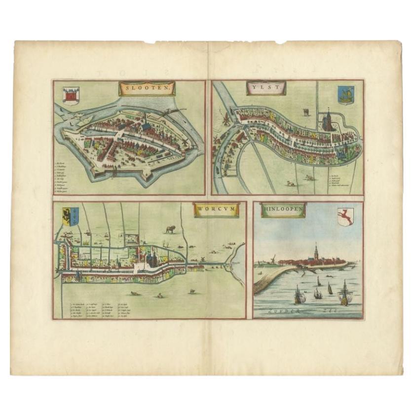 Antique print titled 'Slooten - Ylst - Worcum - Hinloopen'. Three plans and a bird's eye view on one sheet. The plans show the Frisian cities Sloten, IJlst, Workum and the view shows Hindeloopen. From the town atlas 'Toneel der Steden', published by