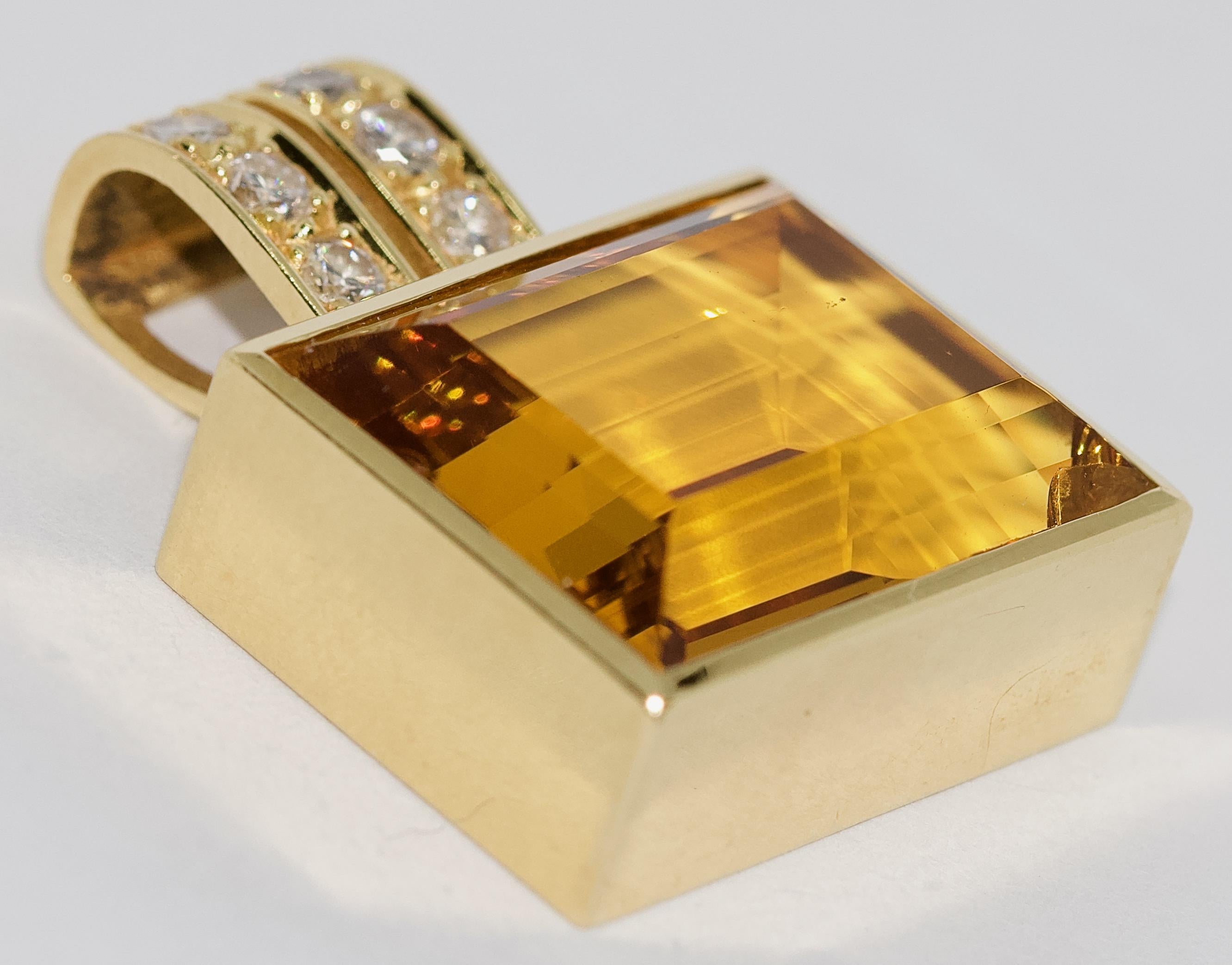 Women's or Men's Enhancer, 18 Karat Gold with Large Faceted Citrine in Emerald Cut and Diamonds For Sale
