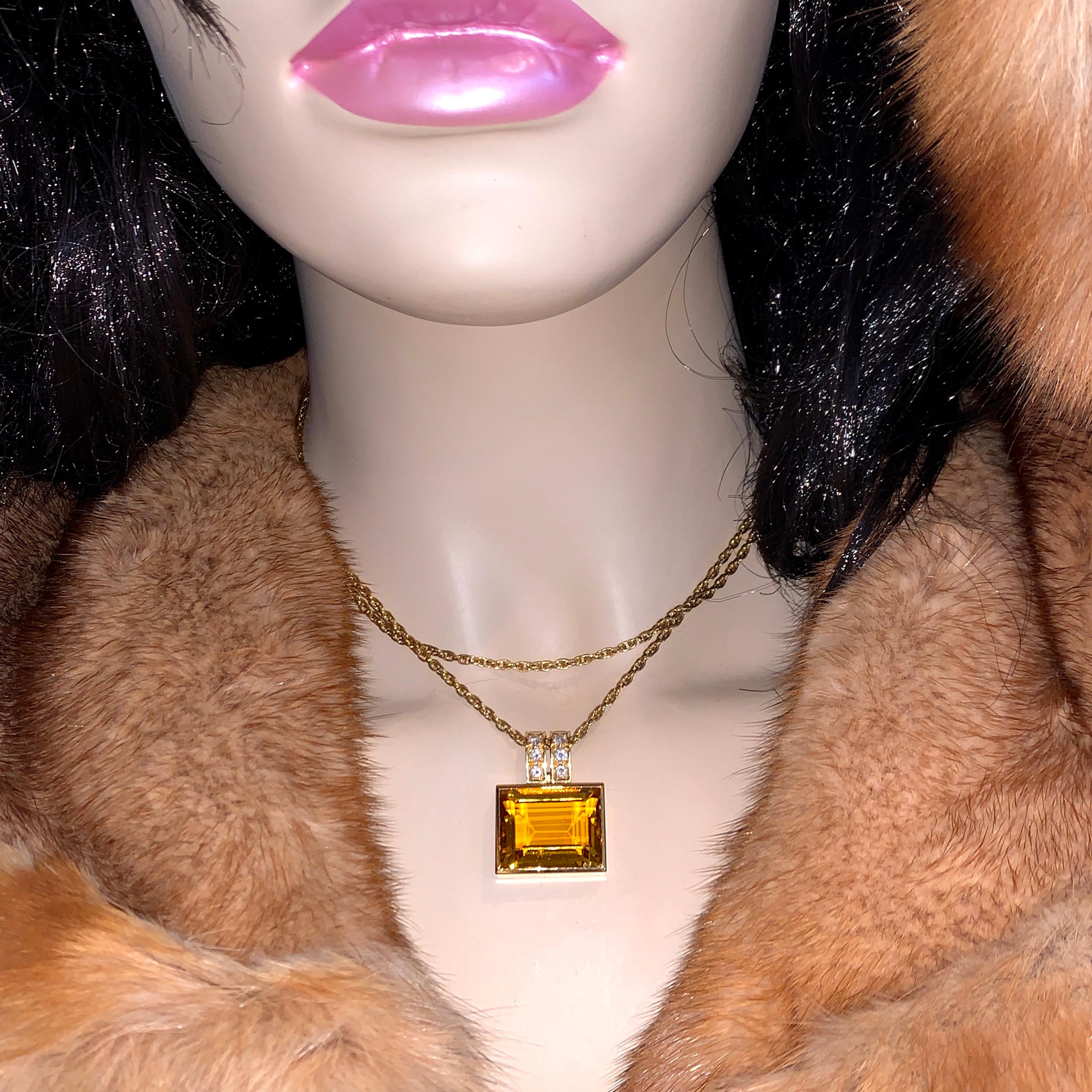 Enhancer, 18 Karat Gold with Large Faceted Citrine in Emerald Cut and Diamonds For Sale 1