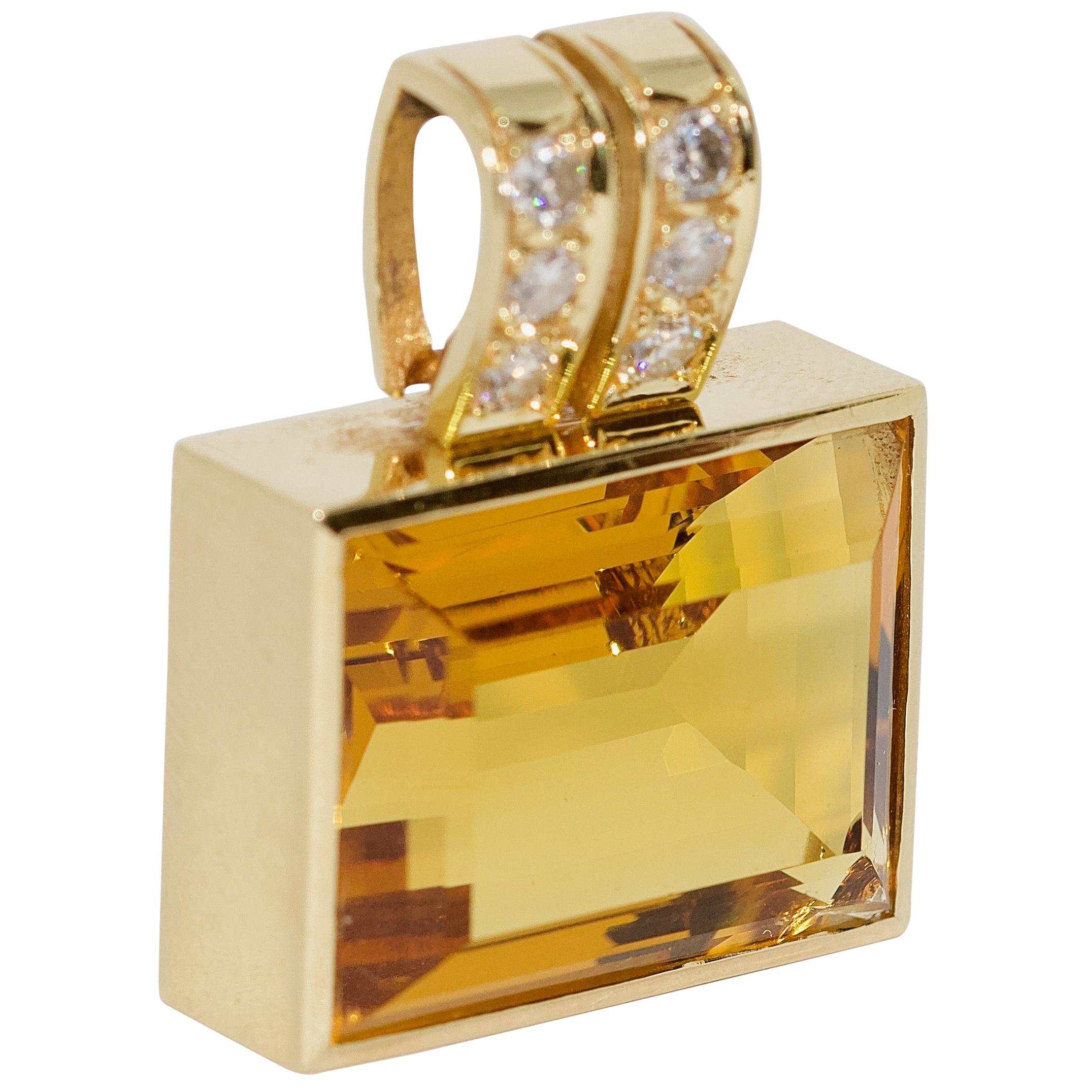 Enhancer, 18 Karat Gold with Large Faceted Citrine in Emerald Cut and Diamonds