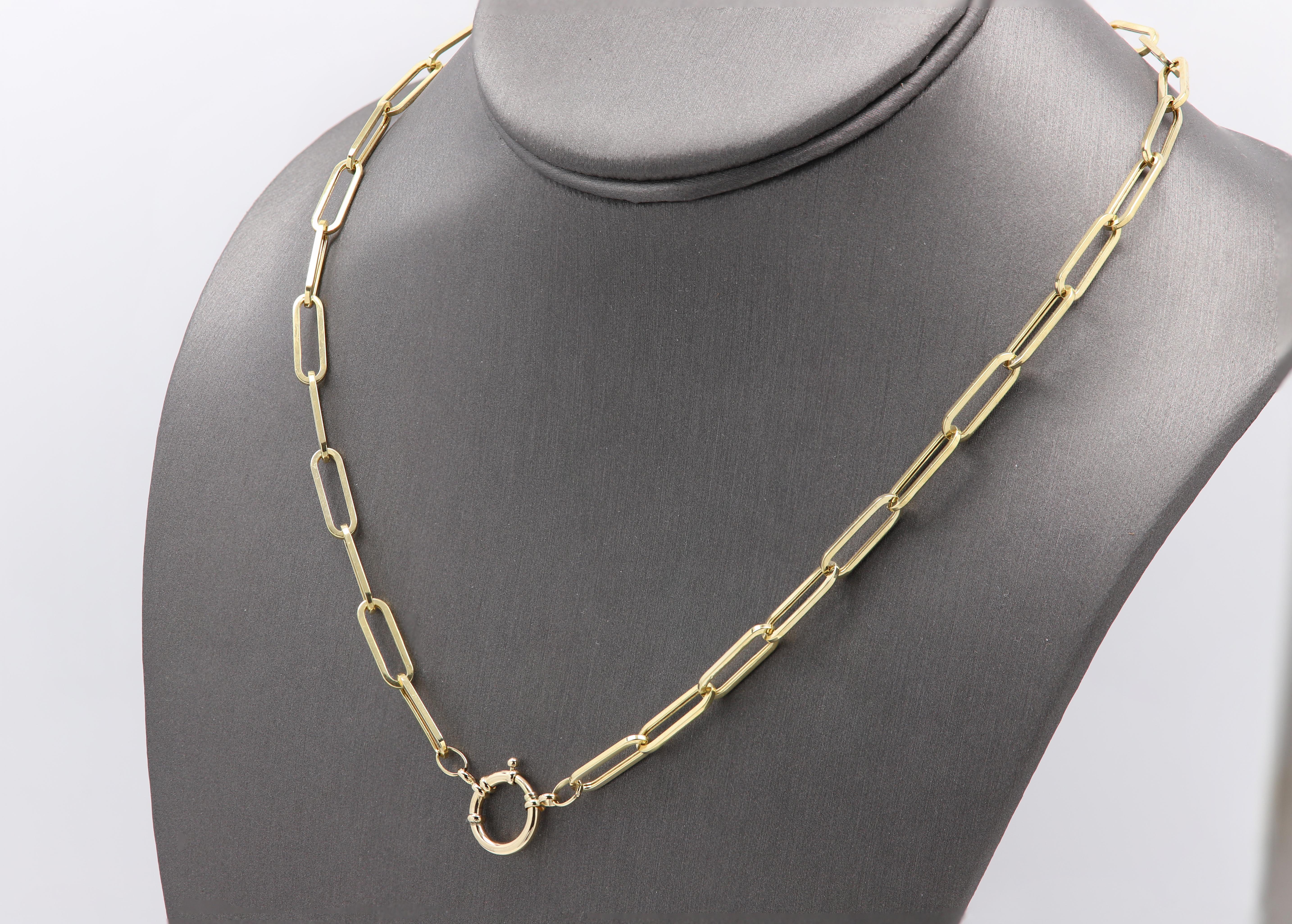 Enhancer Paperclip Necklace Chain 14 Karat Gold Italian with Front Spring Lock In New Condition For Sale In Brooklyn, NY