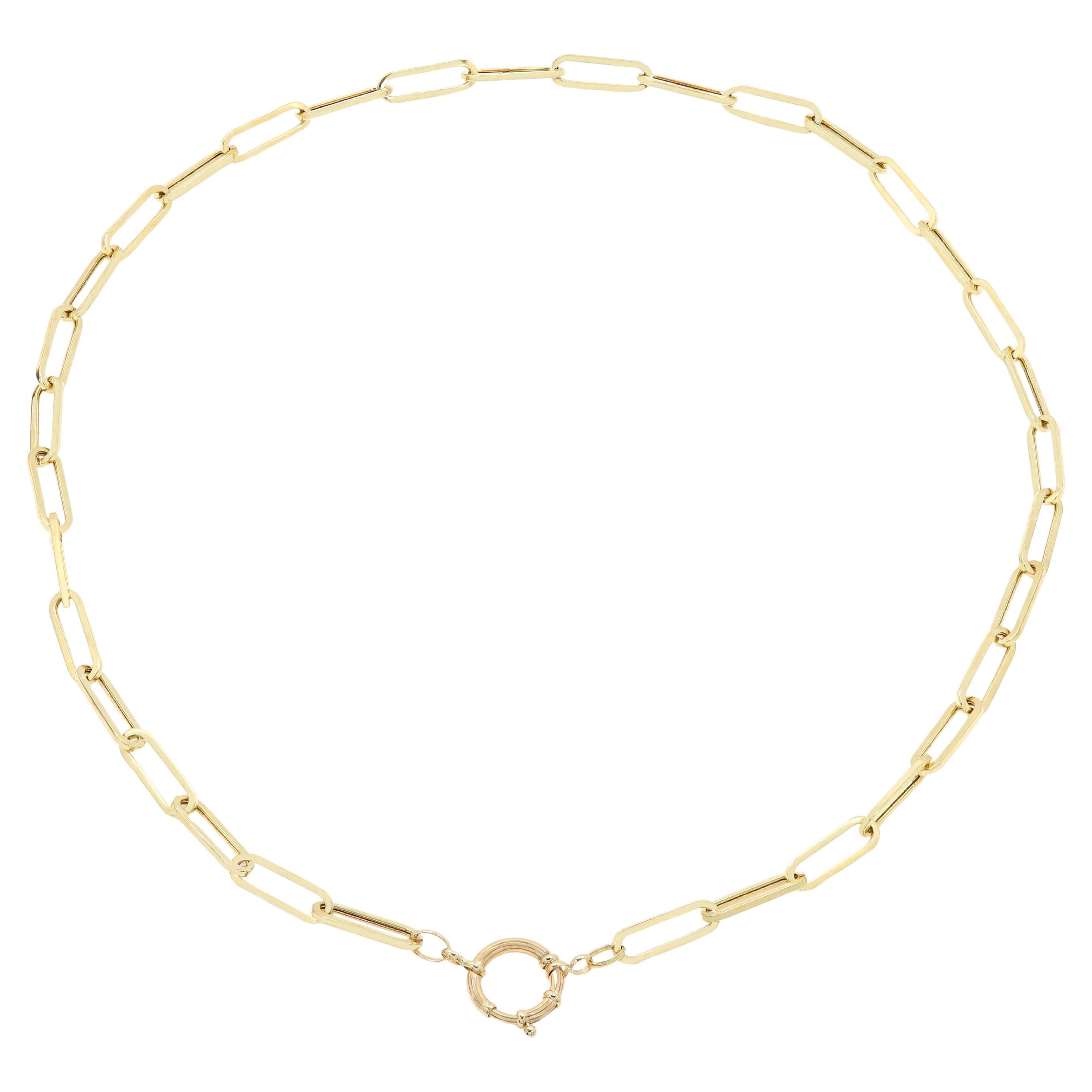 Enhancer Paperclip Necklace Chain 14 Karat Gold Italian with Front Spring Lock For Sale 9