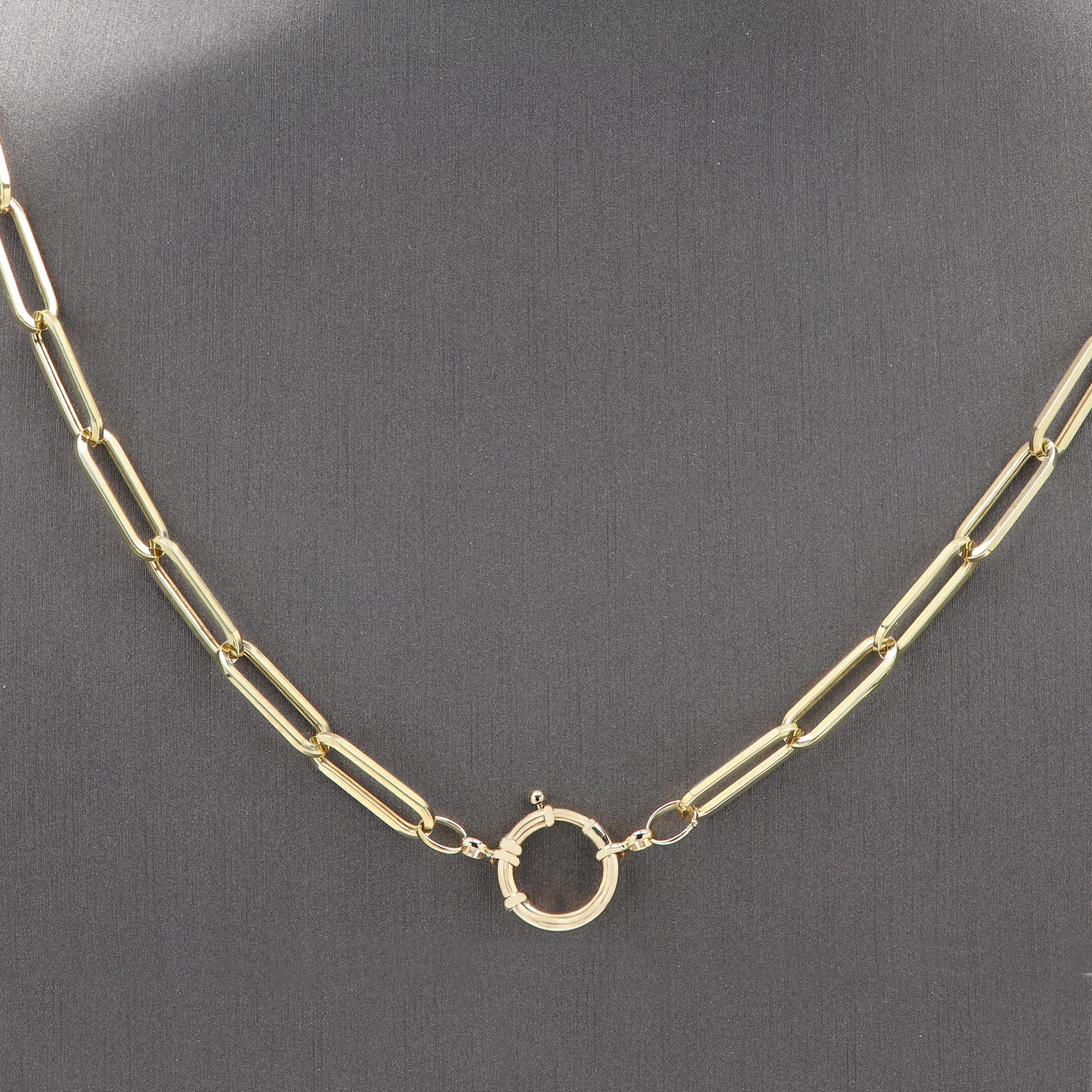Enhancer Paperclip Necklace Chain 14 Karat Gold Italian with Front Spring Lock In New Condition For Sale In Brooklyn, NY