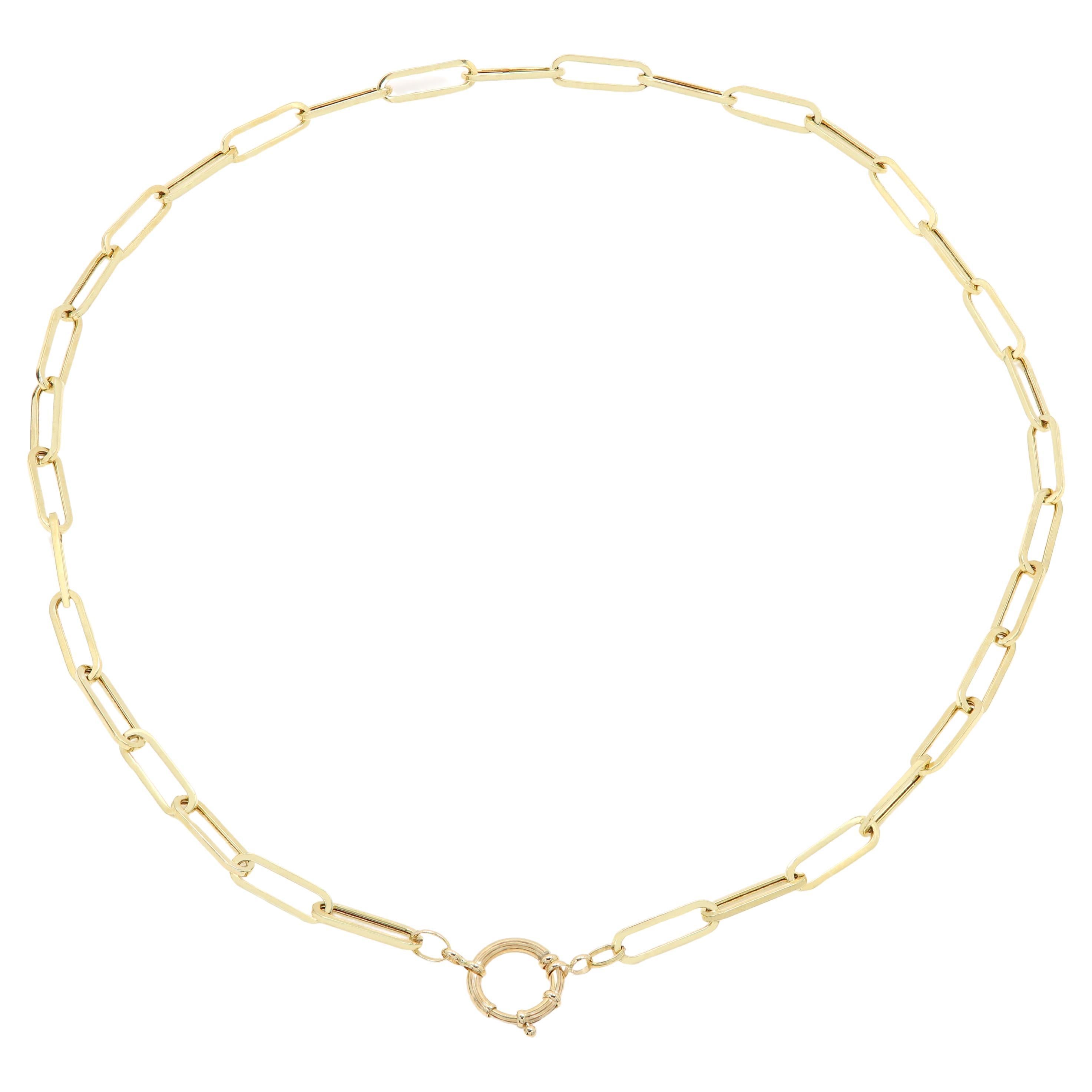 Italian Made  - Chain Necklace
Medium size Paperclip Style  -  classic Link Chain with front Lock
Paperclip size - 5mm width 
Necklace Length: 18' Inch.
Real 14k Gold - Yellow Gold.
Approx weight total: 7.3 grams.
Enhancer Spring Lock is all 14k