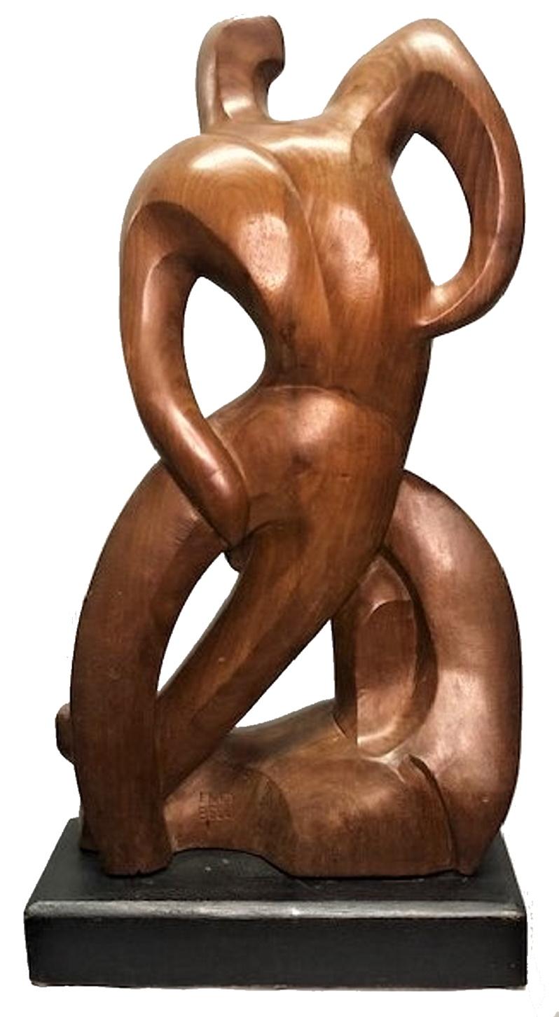 American Enid Bell Palanchian, Tackle, Modernist Carved Mahogany Sculpture, ca. 1953 For Sale