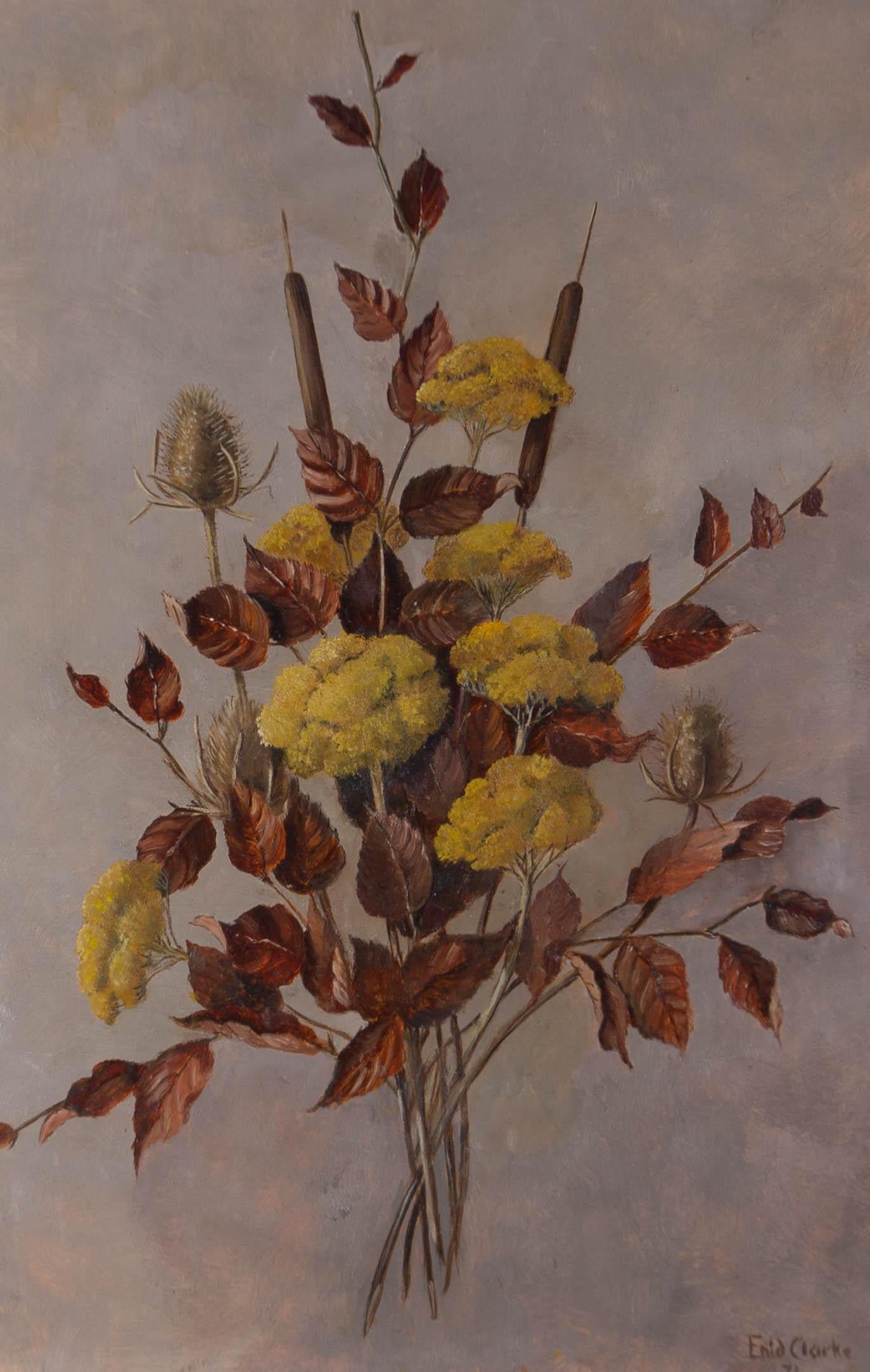 A refined still life in autumnal hues of cattails, dried thistles, yellow cow parsley, and dried beech leaves on a grey textured background. Presented in a limed wooden frame. Signed and dated to the lower-right edge. On board.
