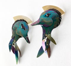 Enid Kaplan Gold Sterling Silver Anodized Niobium Garnets Water Birds Earrings