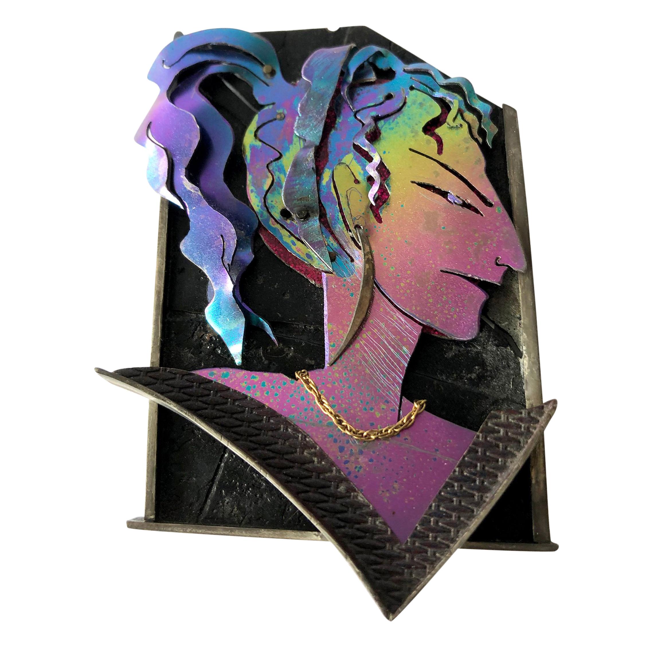 Enid Kaplan Gold Sterling Silver Anodized Niobium Jenny Made Up Her Mind Brooch For Sale