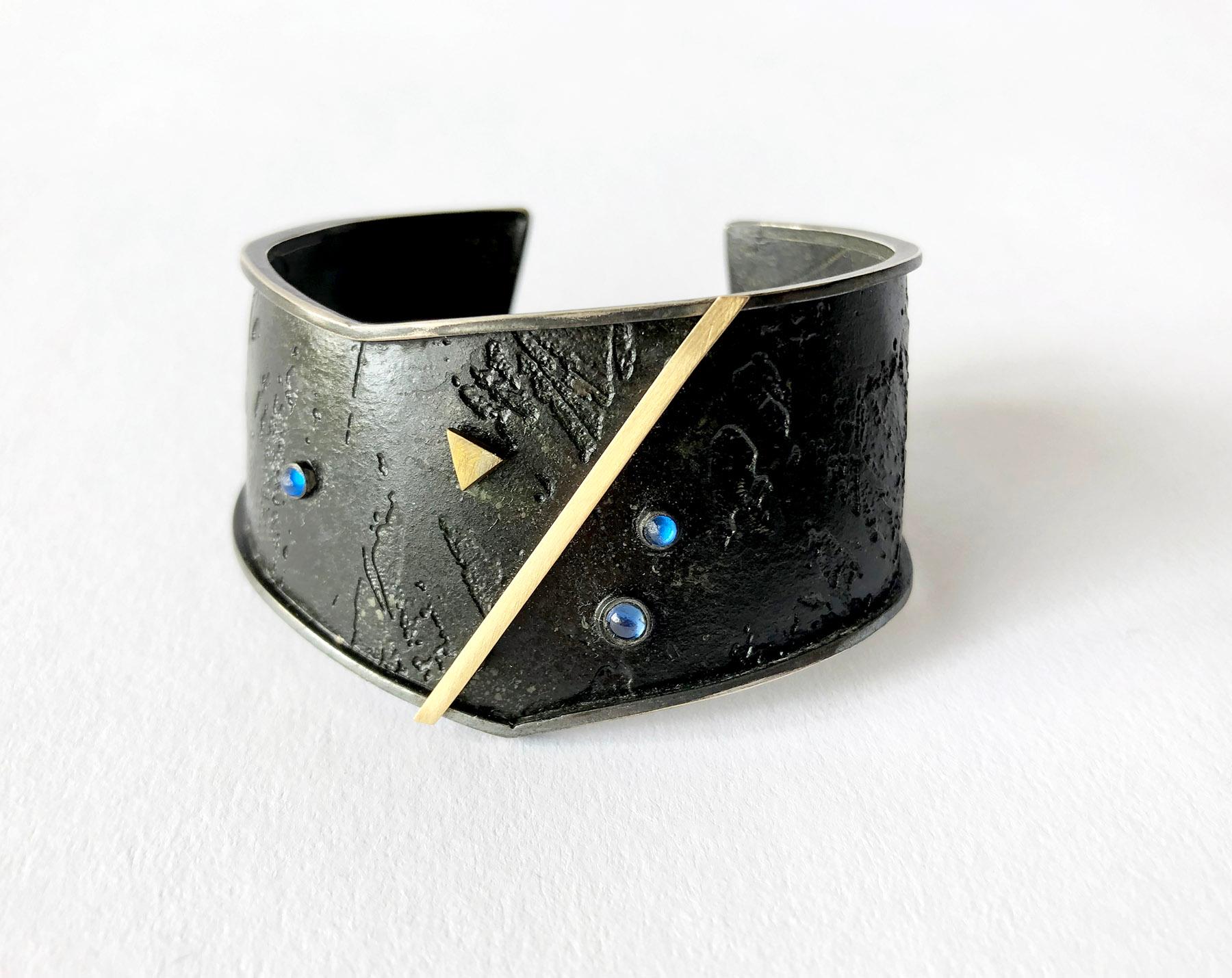 Cabochon Enid Kaplan Gold Sterling Silver Sapphire Cuff Bracelet