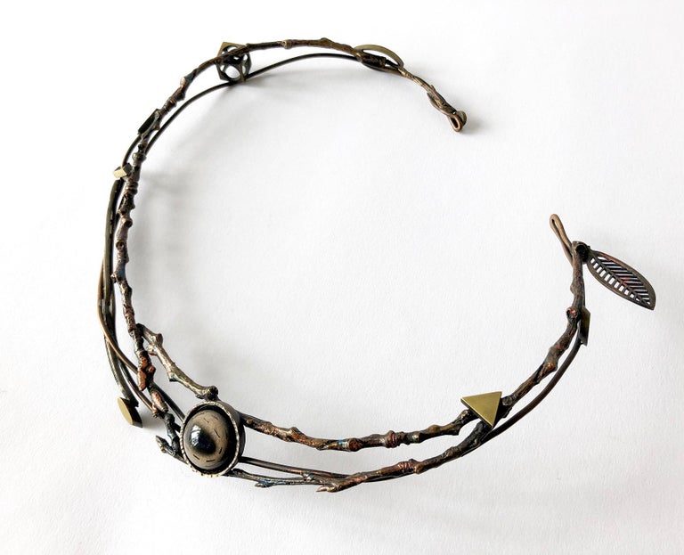 Enid Kaplan Sterling Brass Bronze Glass Eye in the Forest Collar Necklace In Excellent Condition For Sale In Los Angeles, CA