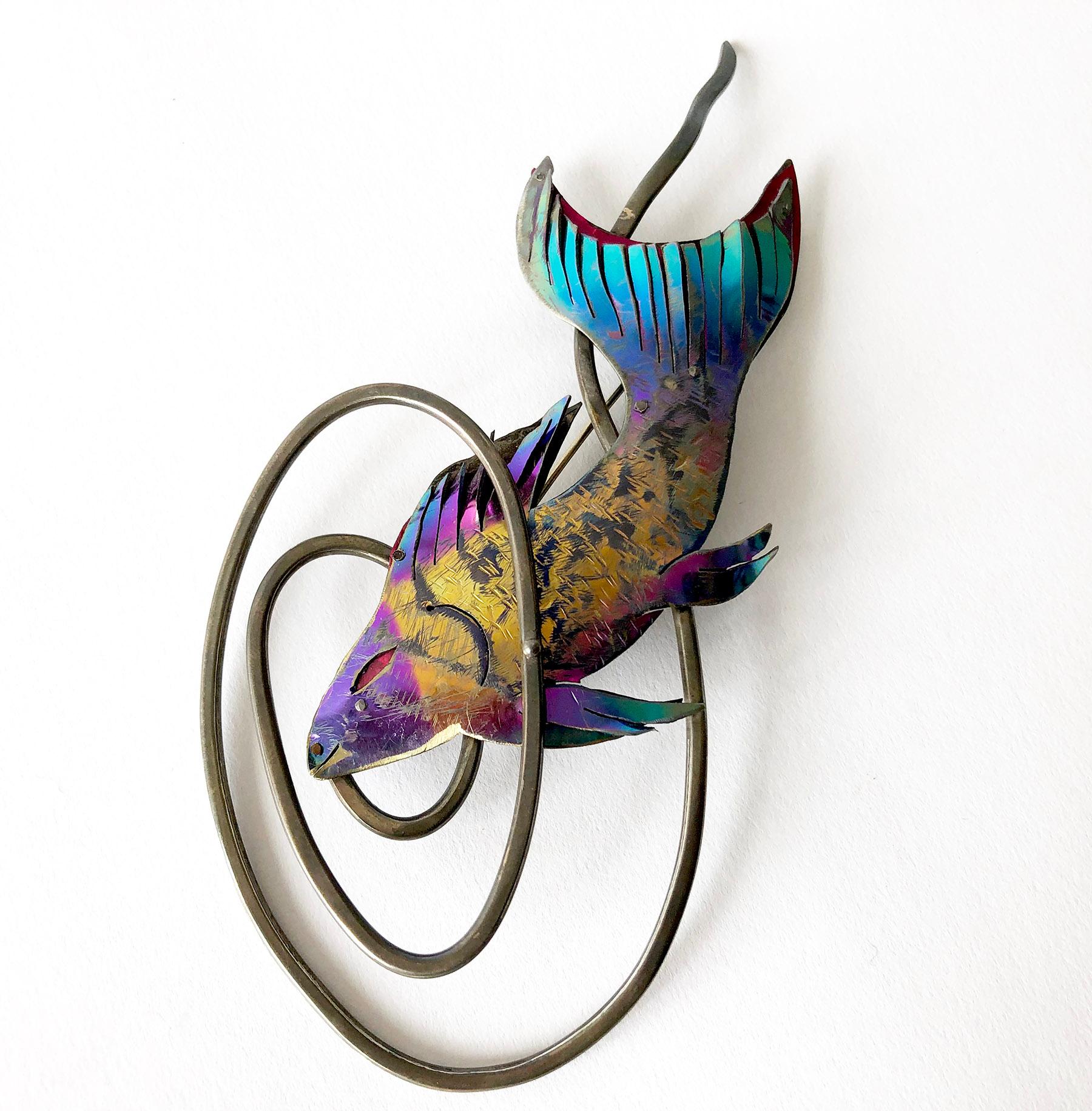 Large scale anodized niobium, mylar and sterling silver brooch entitled 