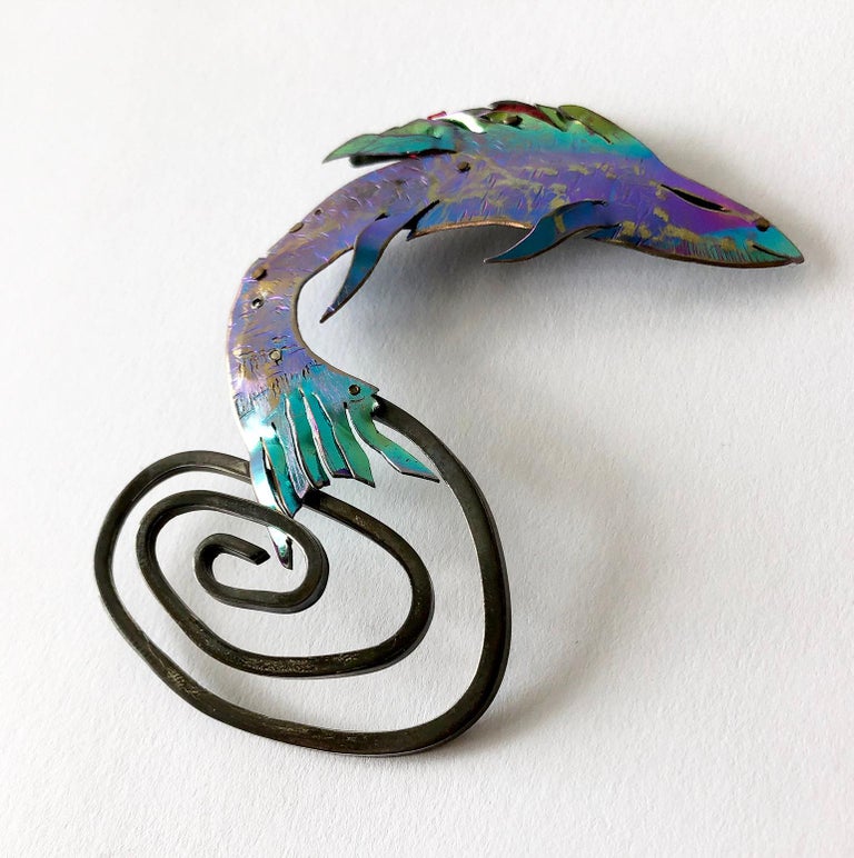 Large scale anodized niobium, mylar and sterling silver brooch entitled 