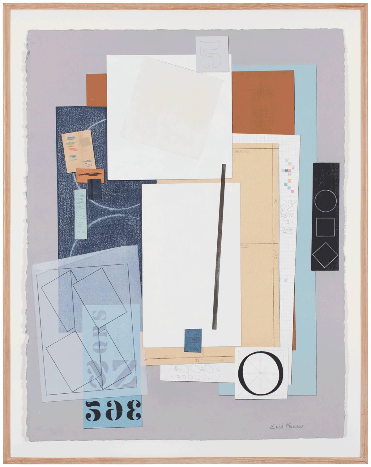 Composition cubiste abstraite collage de lettres à pochoirs, numéros d'assemblage - Modernisme américain Mixed Media Art par Enid Munroe