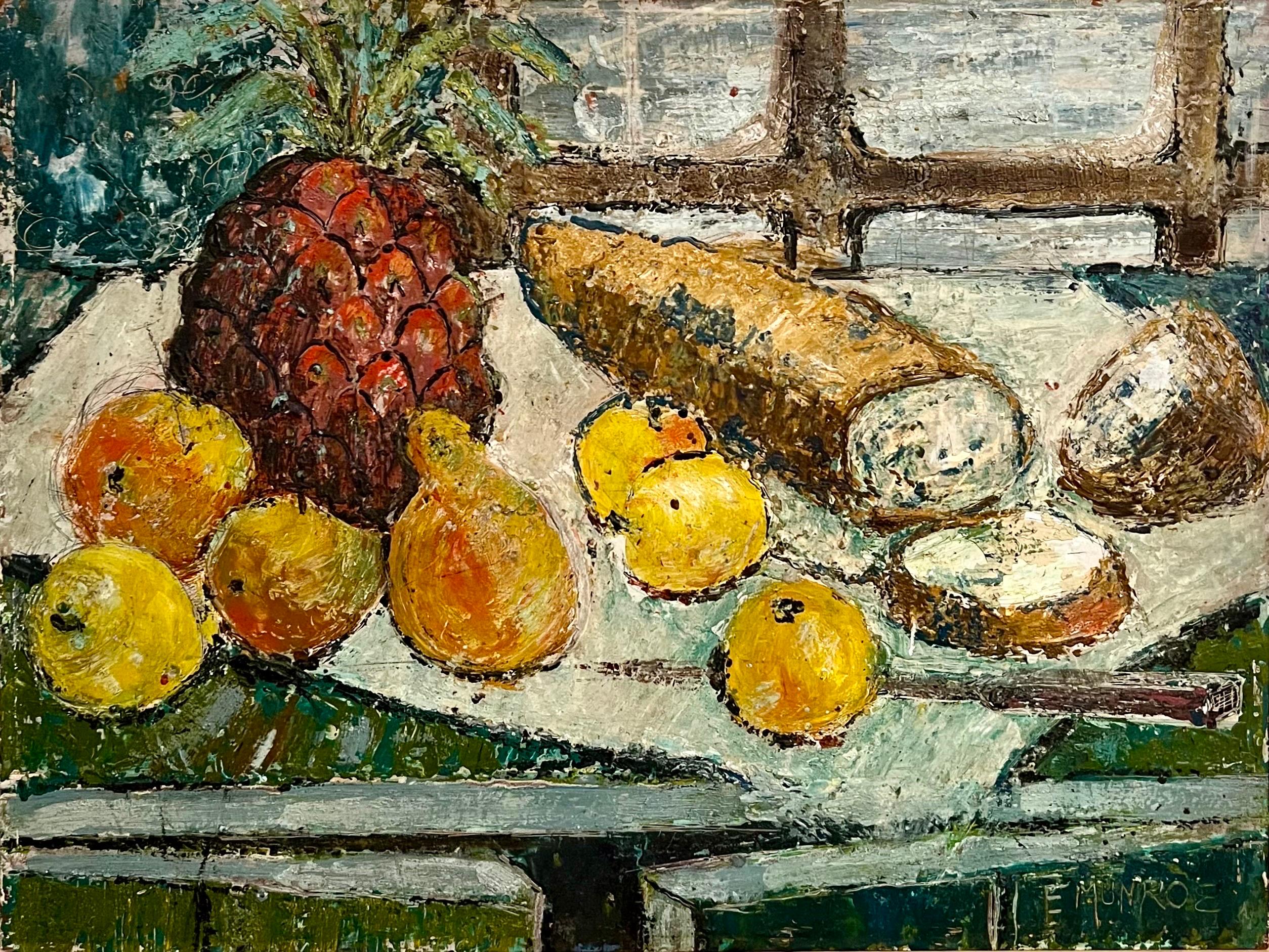 Enid Munroe Mid Century Modernist Ölgemälde Stillleben mit Obst und Brot im Angebot 1