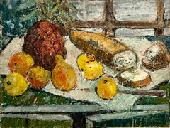 Enid Munroe, pittura ad olio modernista della metà del secolo, Natura morta con frutta e pane