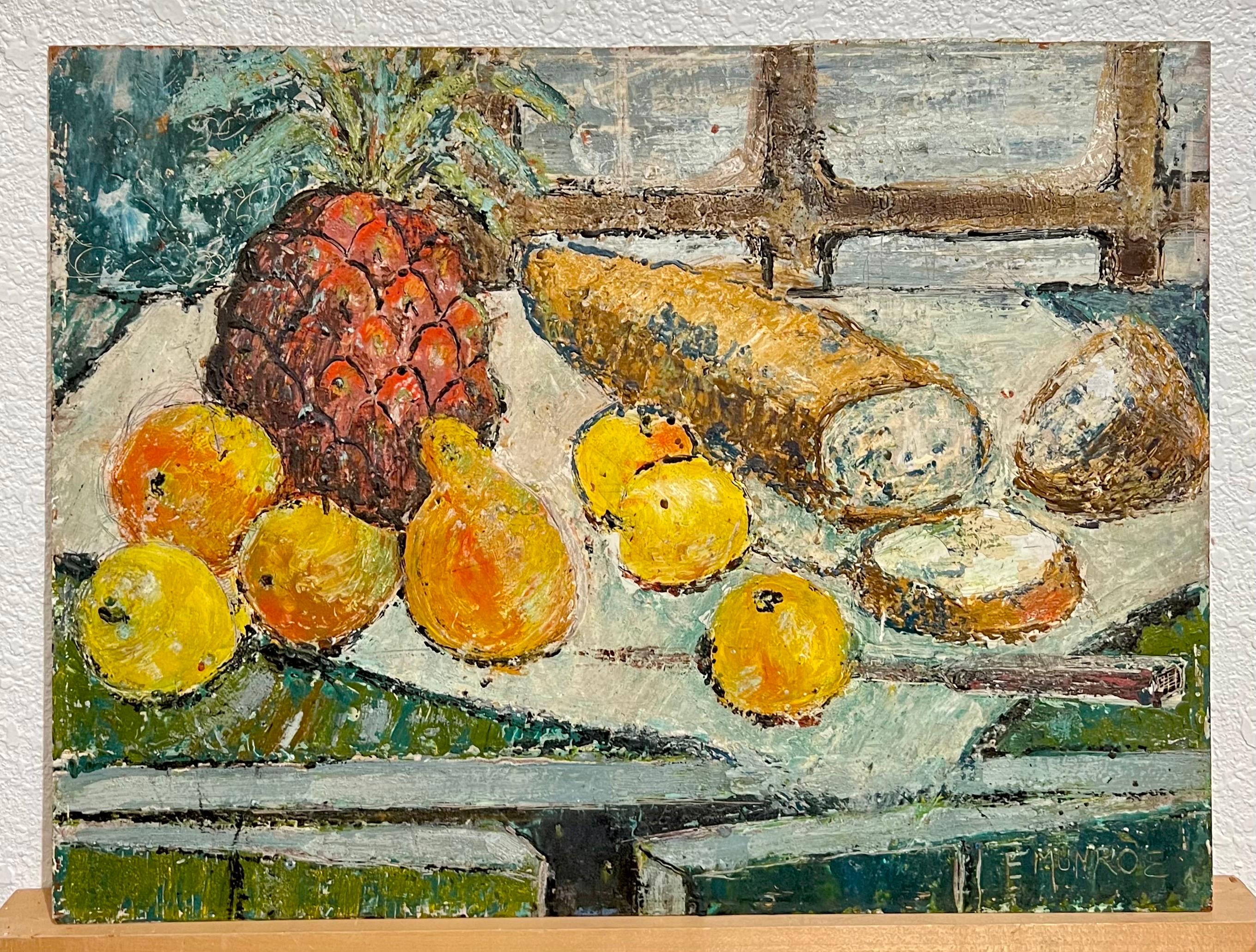Enid Munroe Mid Century Modernist Ölgemälde Stillleben mit Obst und Brot im Angebot 2