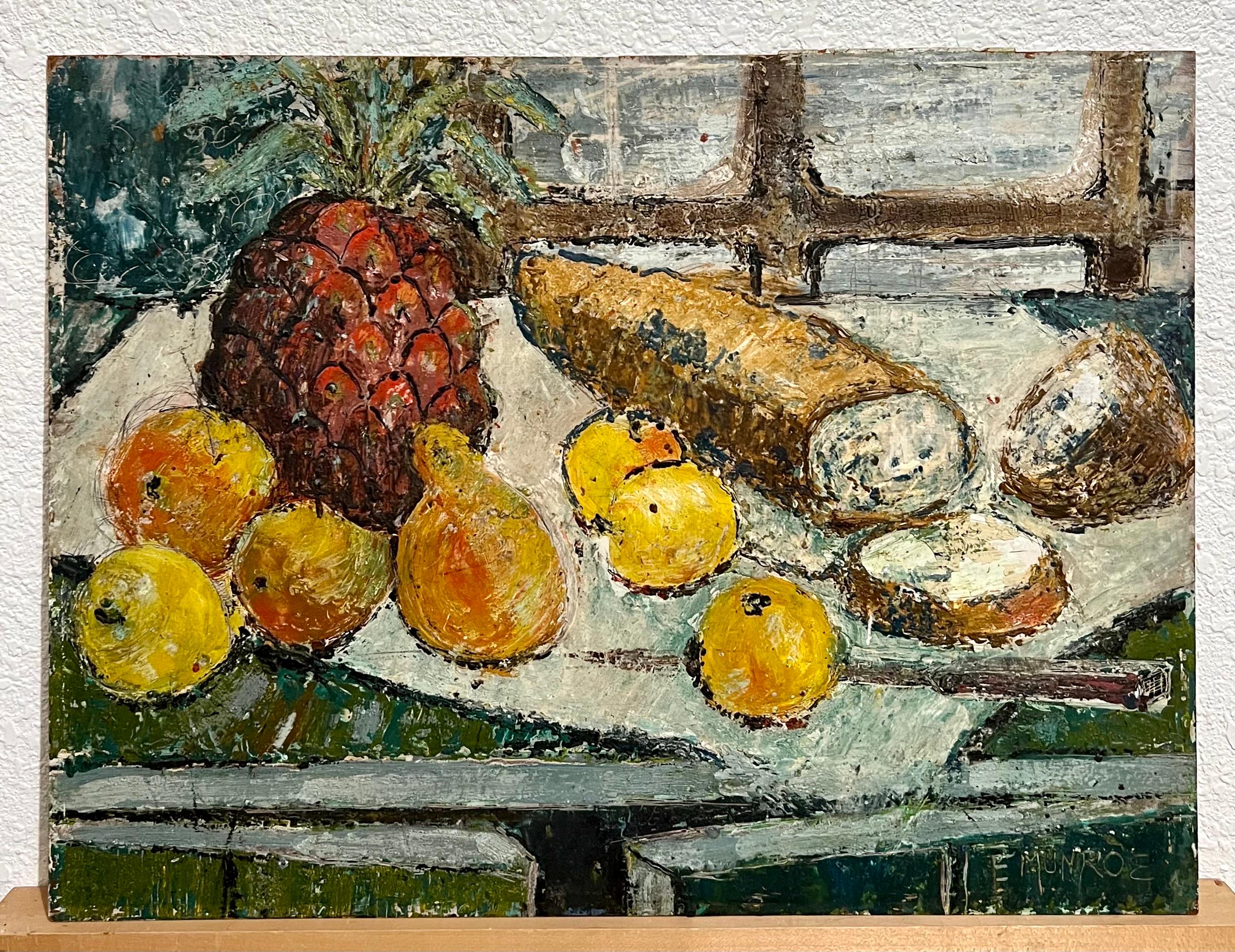 Enid Munroe - Peinture  l'huile moderniste du milieu du sicle - Nature morte avec fruits et pain en vente 2