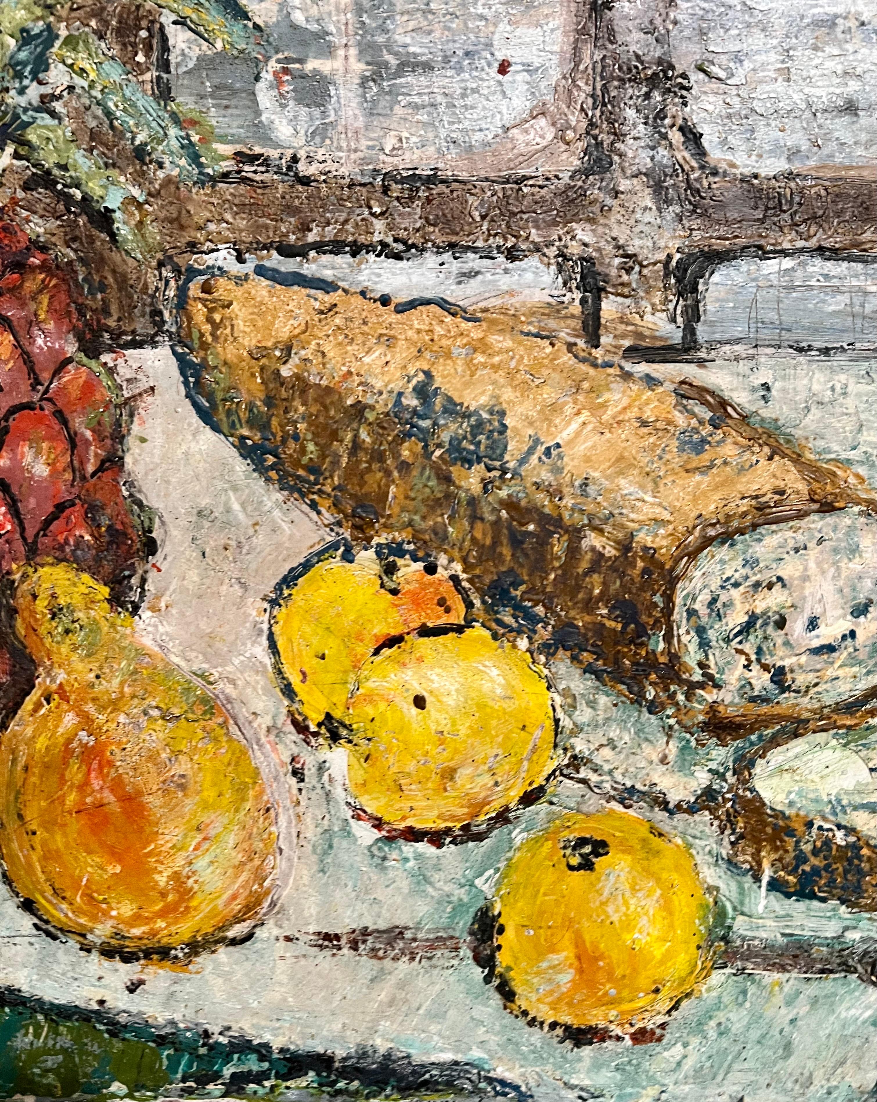 Enid Munroe Mid Century Modernist Oil Painting Still Life with Fruit and Bread For Sale 1