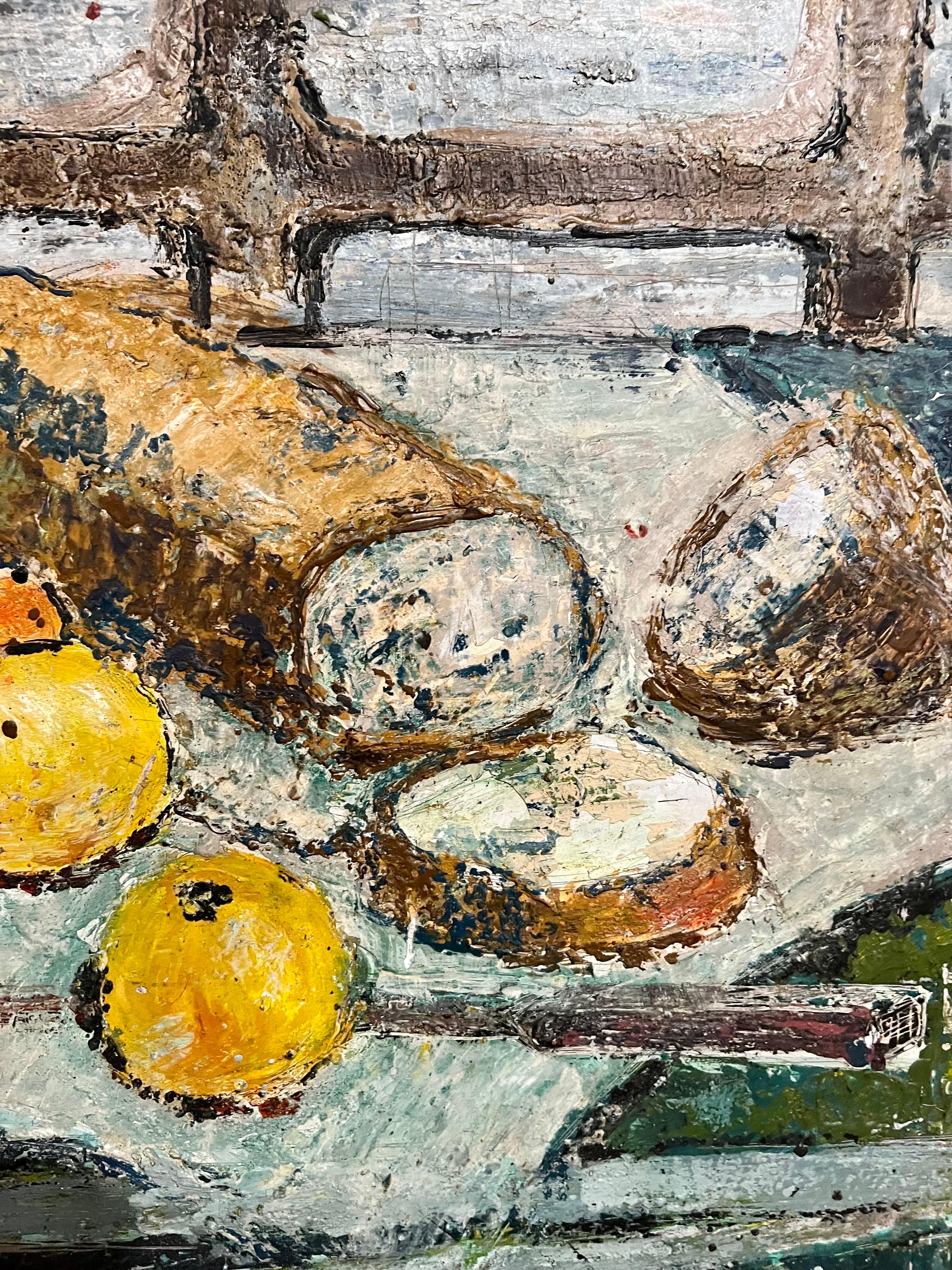 Enid Munroe Mid Century Modernist Oil Painting Still Life with Fruit and Bread For Sale 2