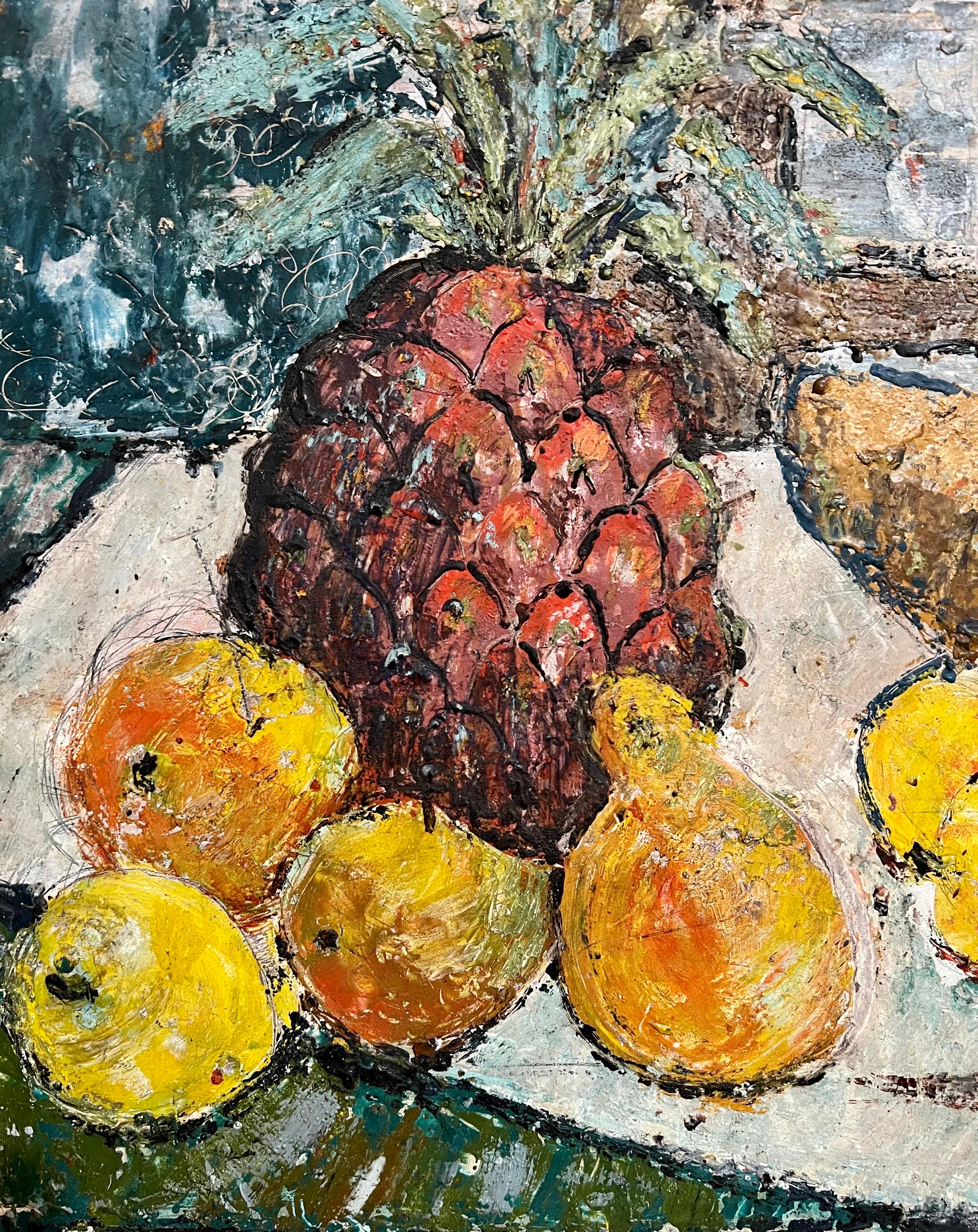 Enid Munroe Mid Century Modernist Oil Painting Still Life with Fruit and Bread For Sale 4