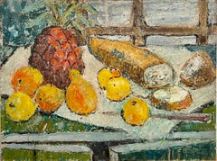 Vintage Enid Munroe Mid Century Modernist Oil Painting Still Life with Fruit and Bread