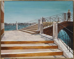 Vintage American Modernist Female Artist Italian Venice View Surreal Painting