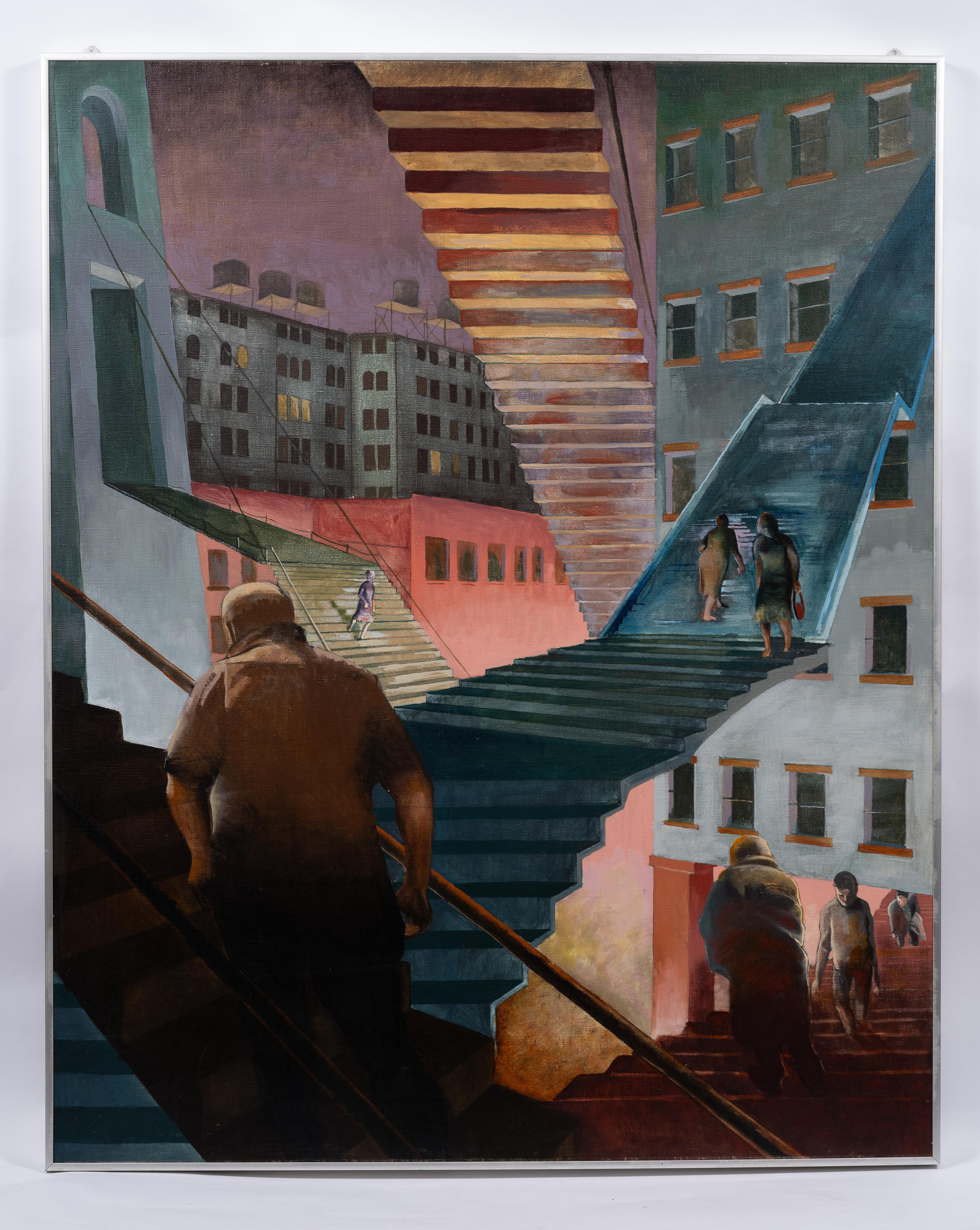 Vintage Modernista Americano New York City Surreale Scena di strada Pittura ad olio - Painting Moderno di Enid Smiley