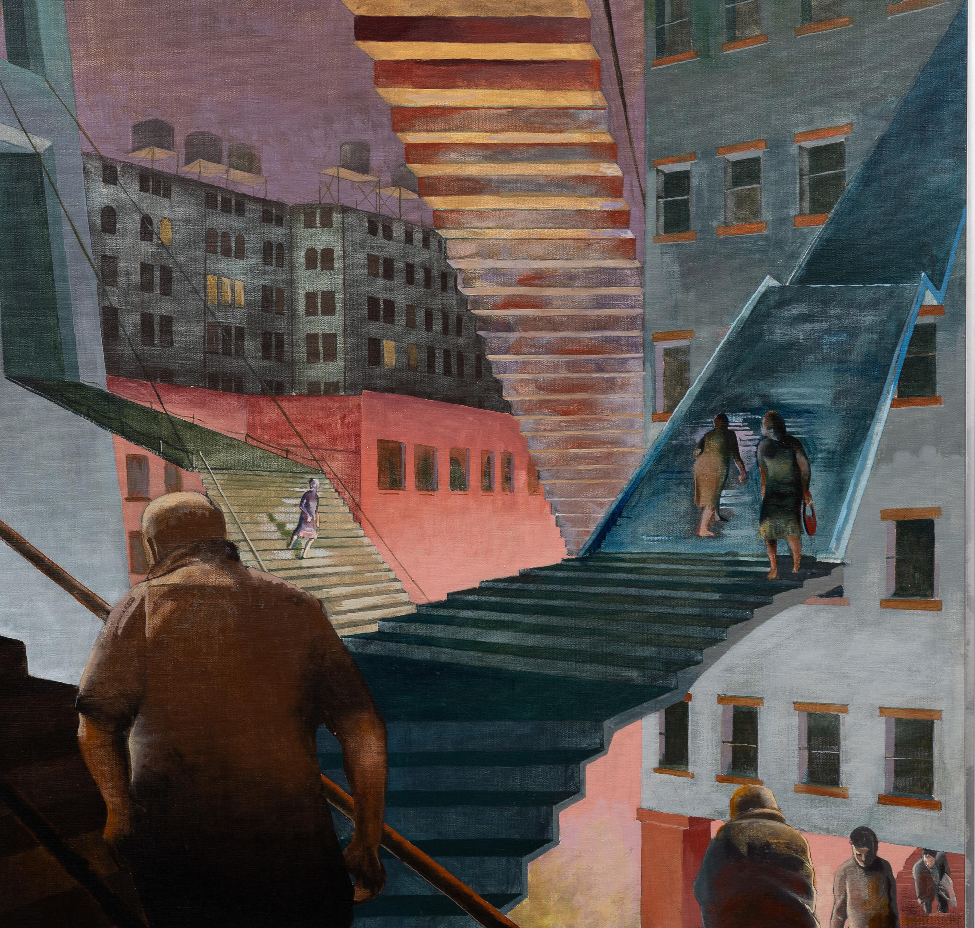 Antico quadro di paesaggio urbano modernista americano di Enid Smiley.  Olio su tela.  Incorniciato.